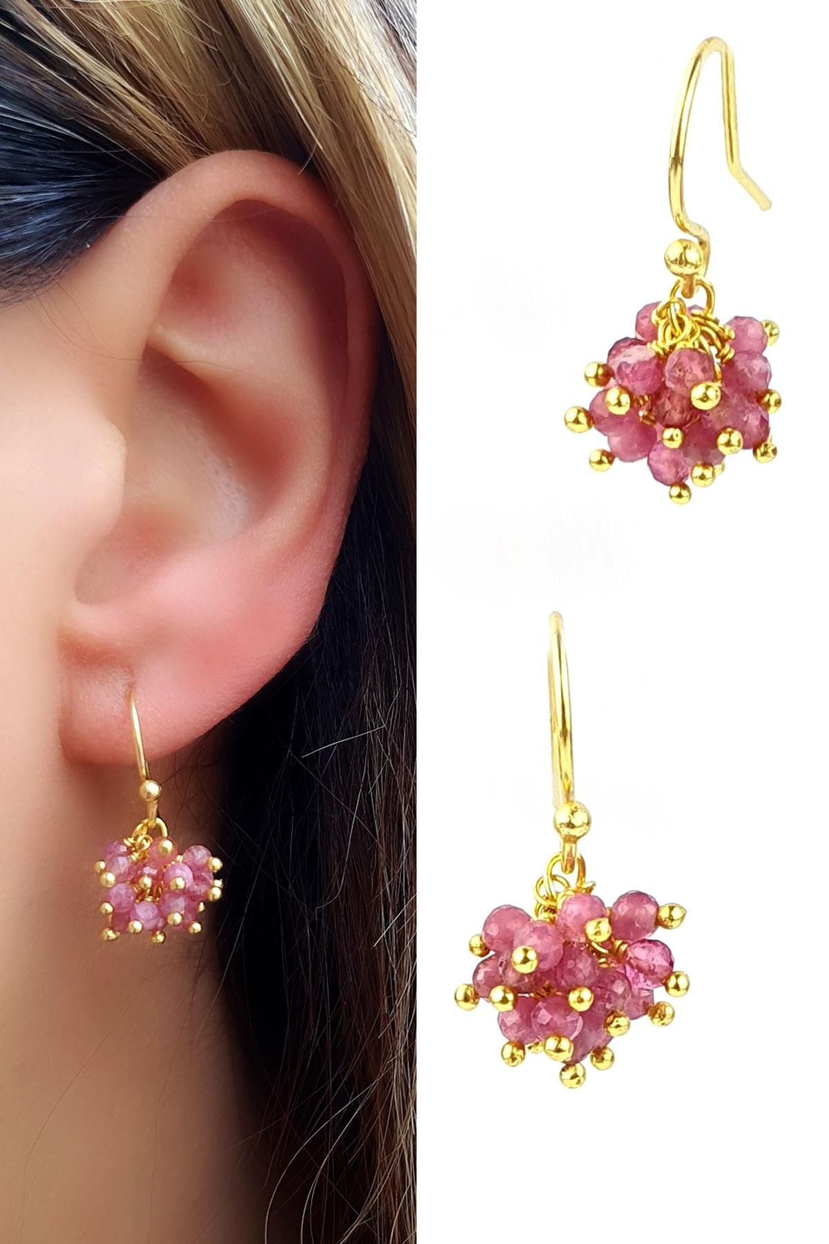 OSESHOP Pembe Turmalin Taşlı 925ayar Gümüş Üzerine Altın Kaplama Salkım Küpe
