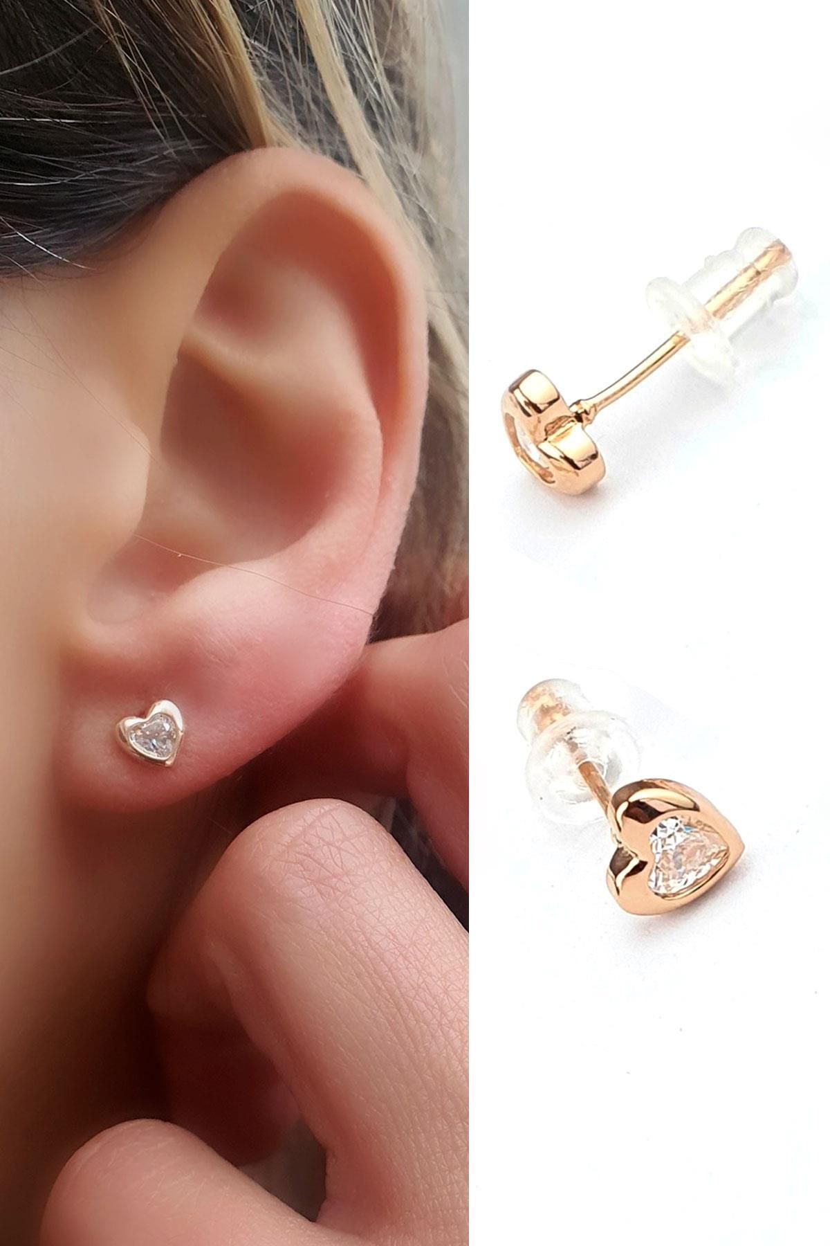 OSESHOP İtalyan 925ayar Gümüş Üzerine Rose Altın Kaplama Kalp Şeklinde Zirkon Taşlı Minimal Küpe