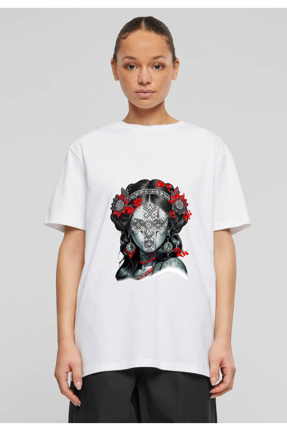 ELNOYA Unisex Pamuklu Beyaz Oversize Baskılı Minimalist Bisiklet Yaka Rahat T-shirt