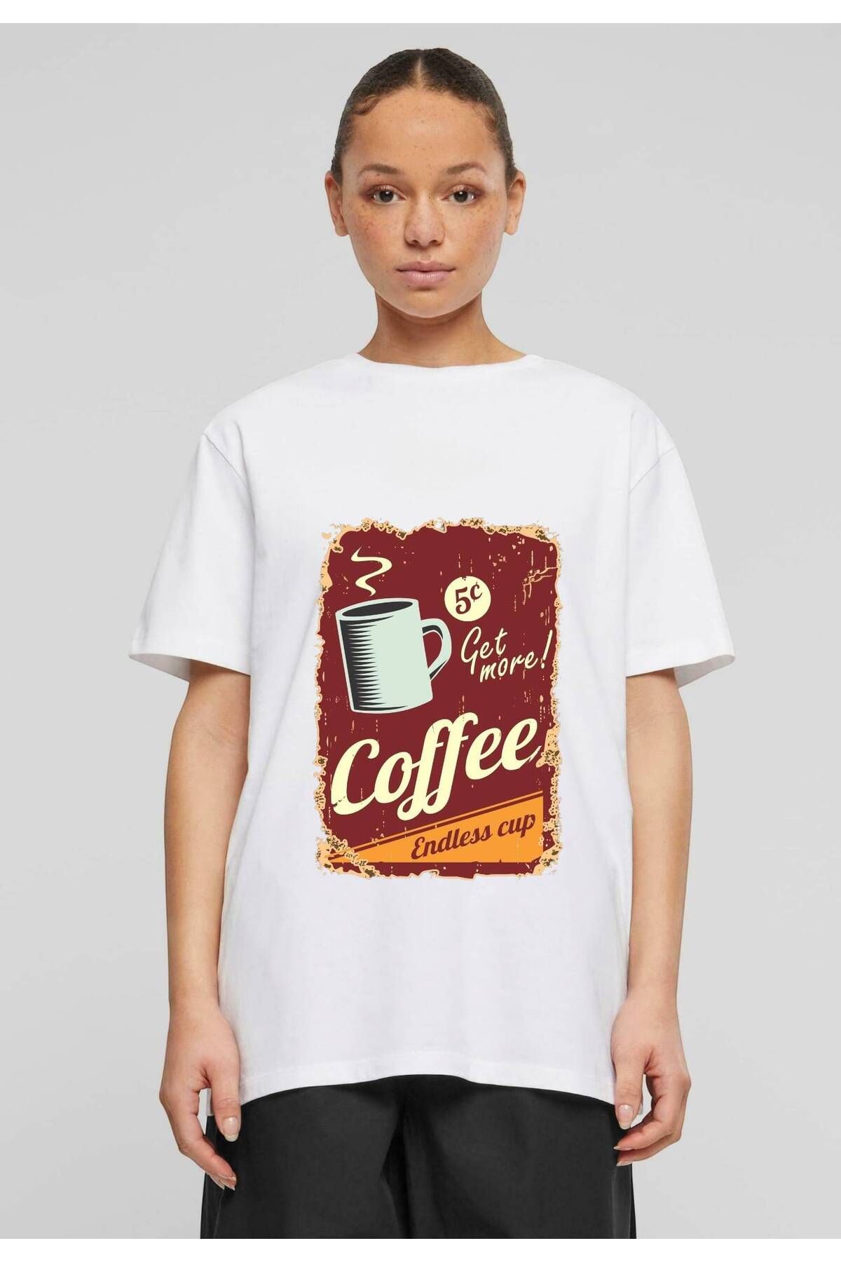 ELNOYA Unisex Beyaz Oversize "Get More Coffe" Baskılı Bisiklet Yaka Rahat T-shirt