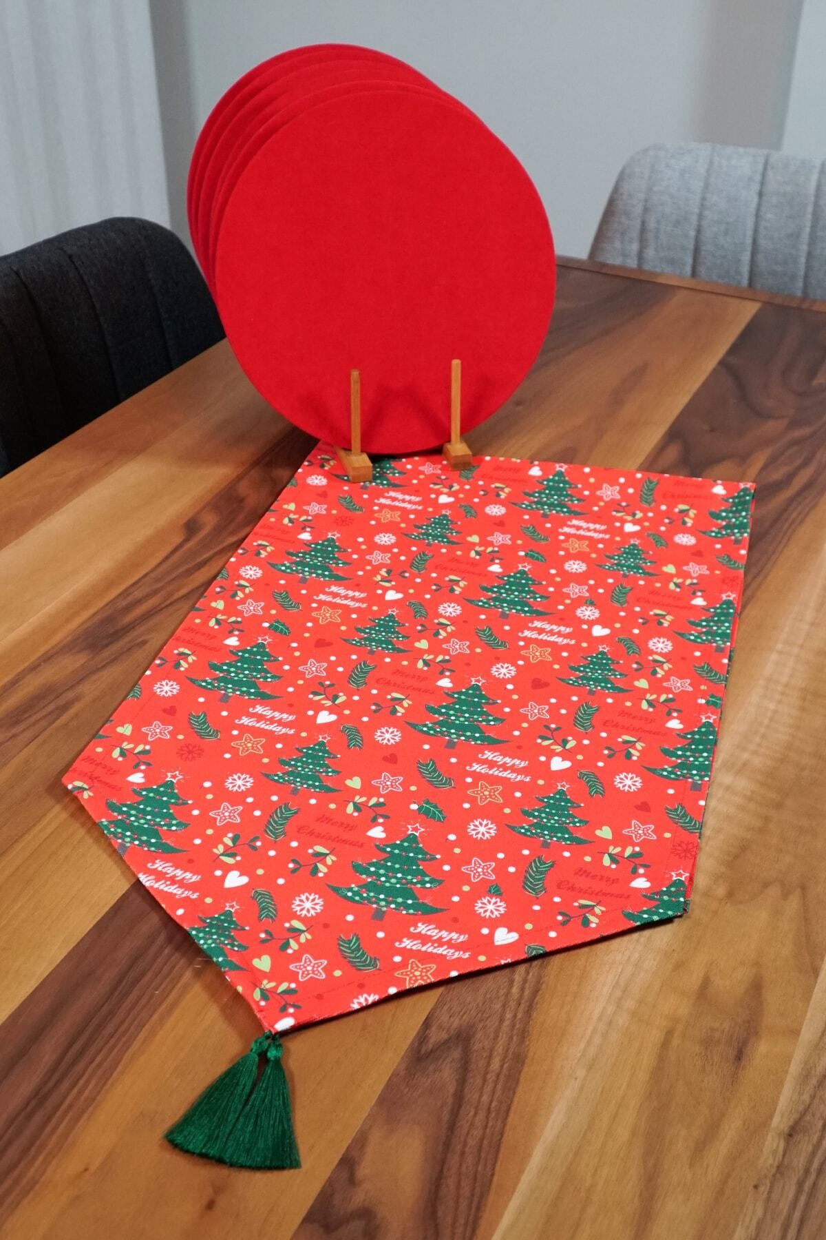 Elioure Yılbaşı Çam Ağacı Desenli Püsküllü Runner ve 6'lı Supla Set