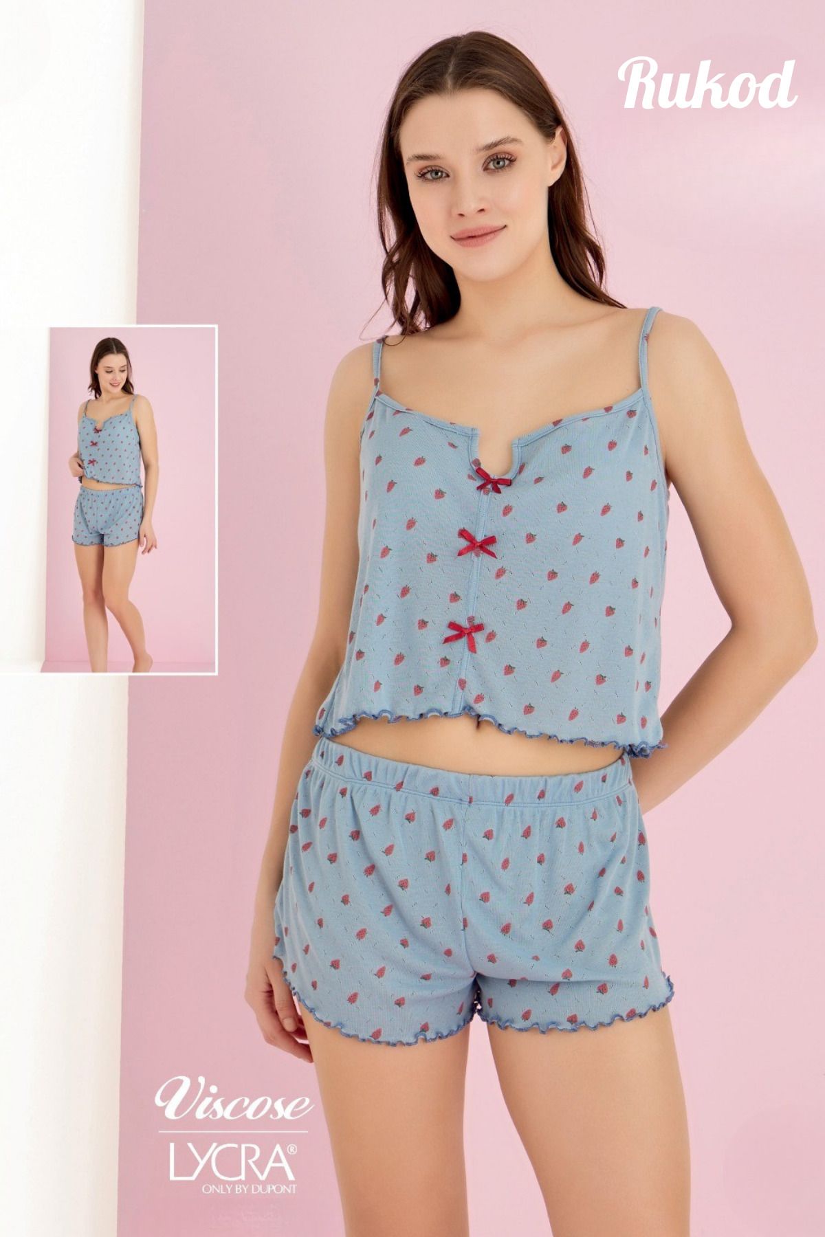 RUKOD Kadın Mavi Çilek Desenli Fiyonklu Pinterest İp Askılı Fırfır Şortlu Pijama Takımı
