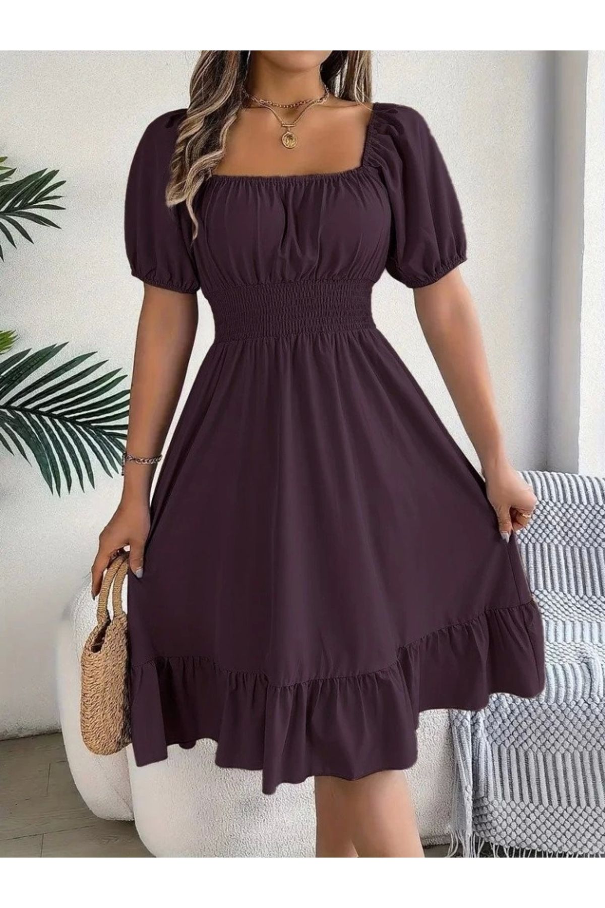 Butik Kadın Kısa Kollu Kare Yakalı Beli Lastikli Kısa Trikoton Elbise