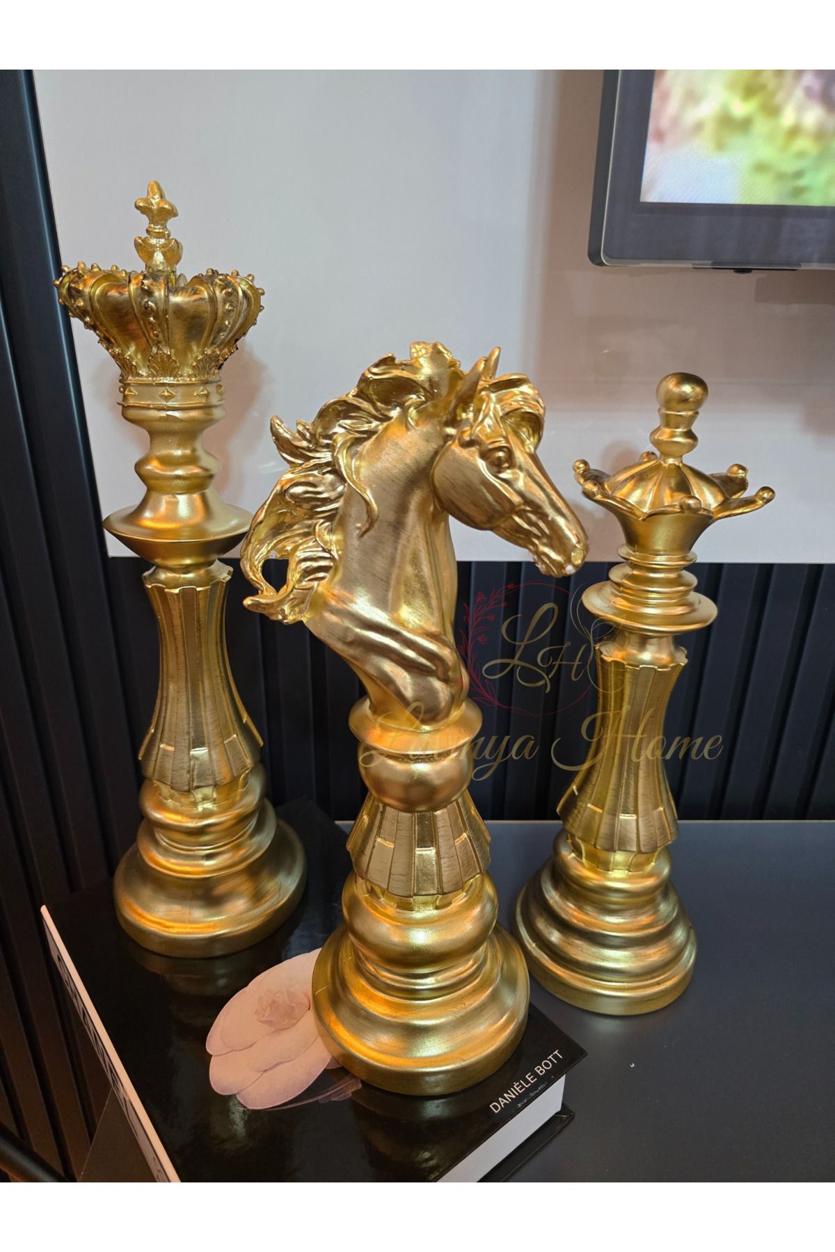 LH Lavinya Home Biblo 3'lü Satranç Takımı Gold Renk | Şah - Vezir - At | Dekoratif Set