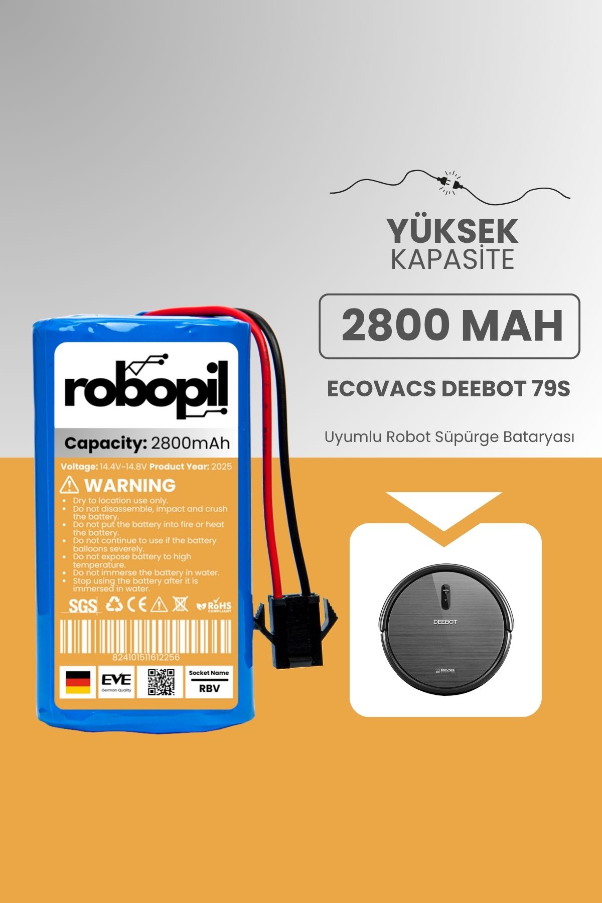 ROBOPİL Ecovacs Deebot 79s Pil Batarya [Yüksek Kapasite] 2800mah Akıllı Robot Süpürge Bataryası
