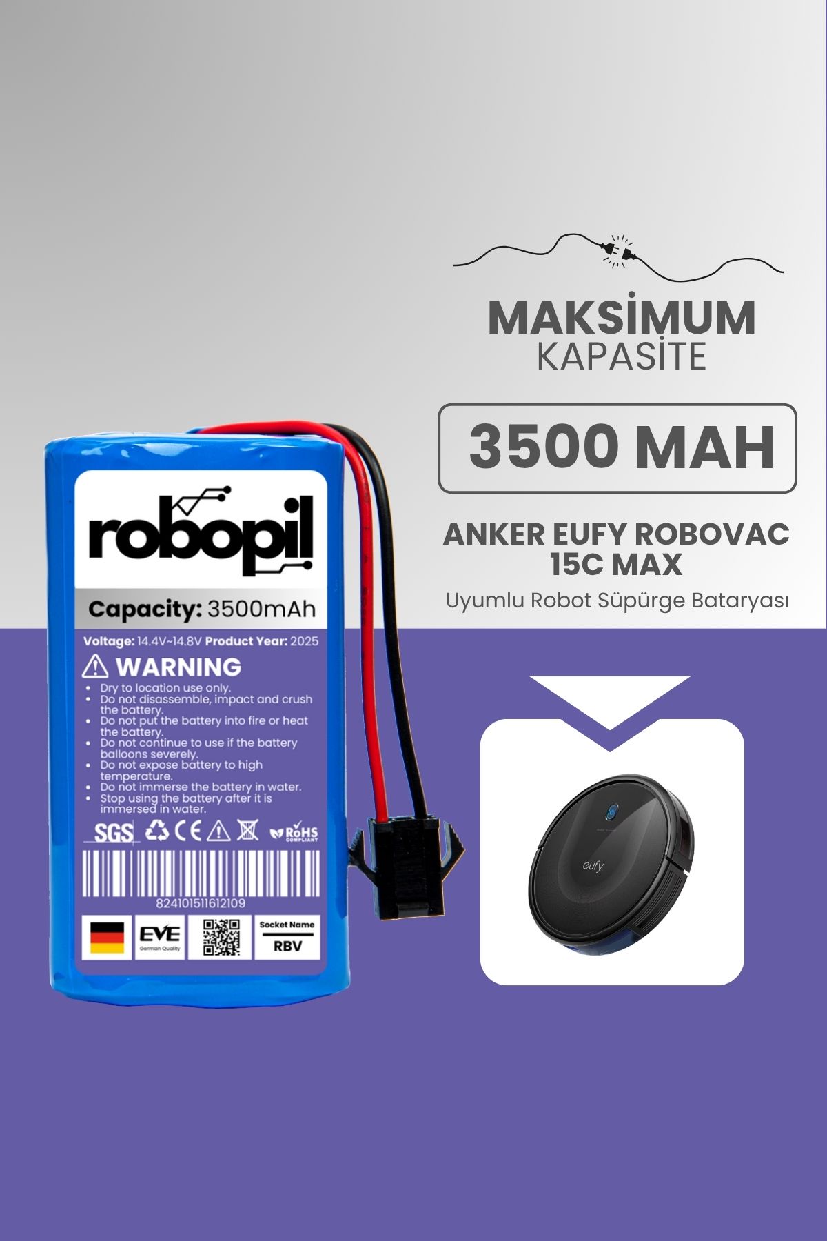 ROBOPİL Anker Eufy Robovac 15c Max Pil Batarya [Maksimum Kapasite] 3500mah Akıllı Robot Süpürge Bataryası