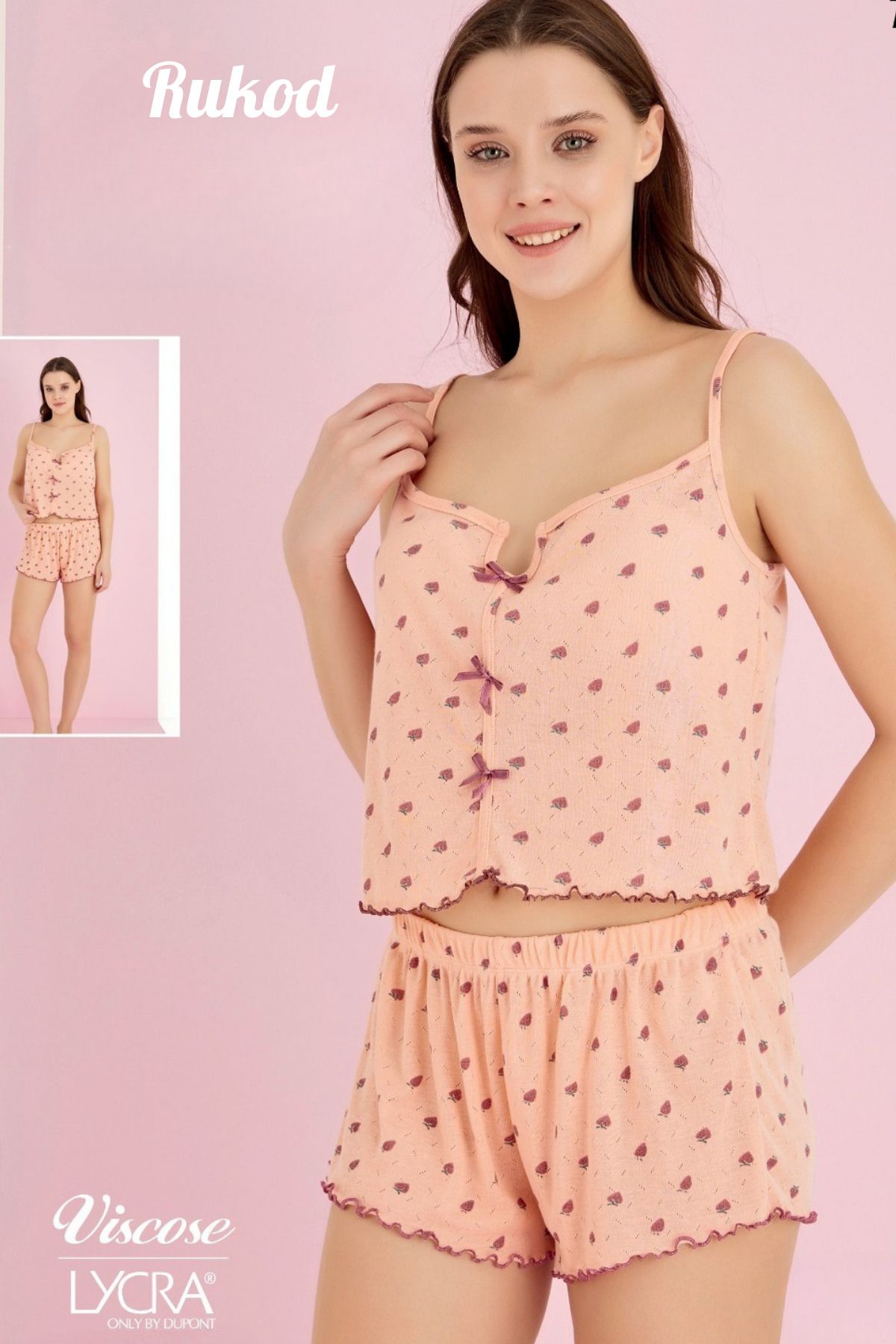 RUKOD Kadın Fiyonklu Turuncu Çilek Desenli Pinterest İp Askılı Fırfır Şortlu Pijama Takımı