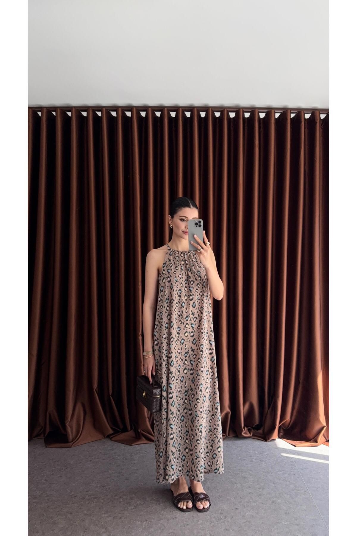 HAZELANNA Halter Yaka Leopar Elbise