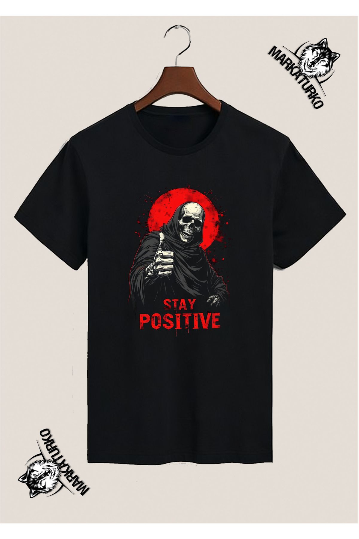 MarkaTurko STAY POSITIVE ÖZEL TASARIM BASKILI SİYAH TSHİRT 80934