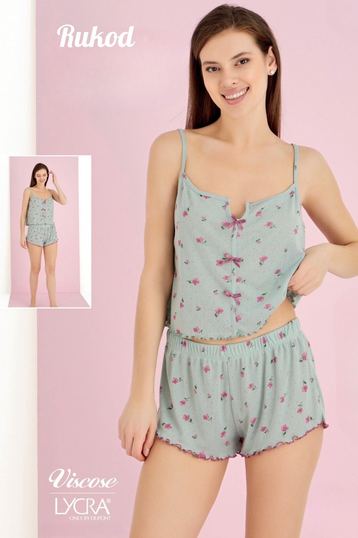 RUKOD Kadın İp Askılı Fırfır Şortlu Yeşil Fiyonk Detaylı Pembe Çiçek Desenli Pinterest Pijama Takımı