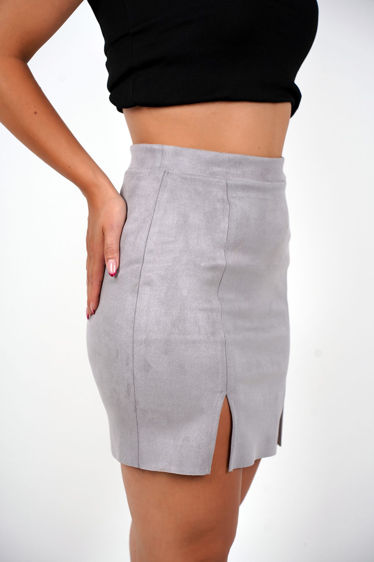 YUCFIT ÇİFT YIRTMAÇLI SÜET ETEK (SİYAH,GRİ,BEJ)