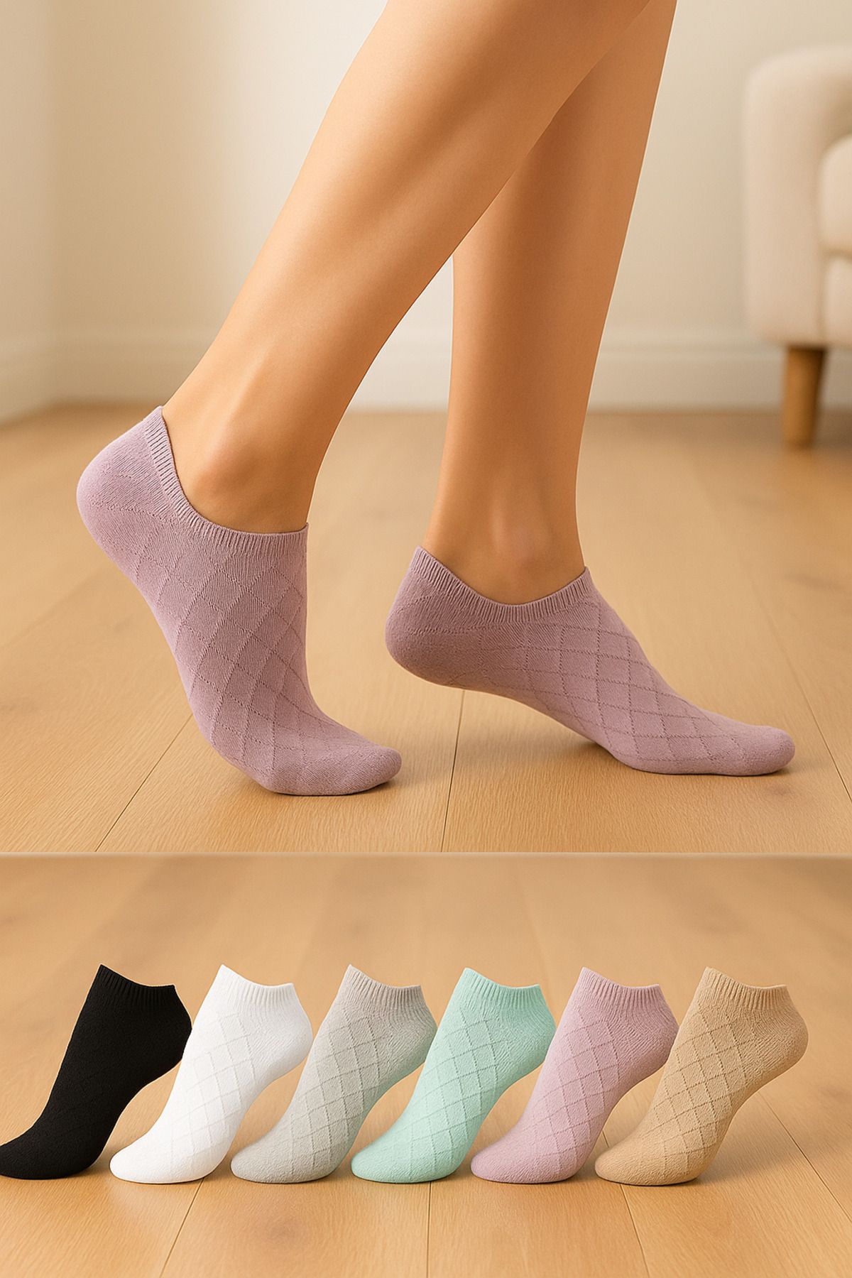 WORTHY SOCKS 6 Çift Kadın Desenli Patik Çorap - Renkli ve Konforlu Günlük Kullanım