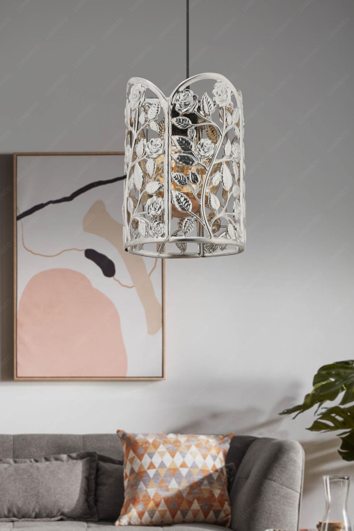 LUMINZO Flor 16 cm Gümüş Modern Avize Sarkıt Salon Mutfak Kuaför Cafe Lamba Dekoratif Aydınlatma