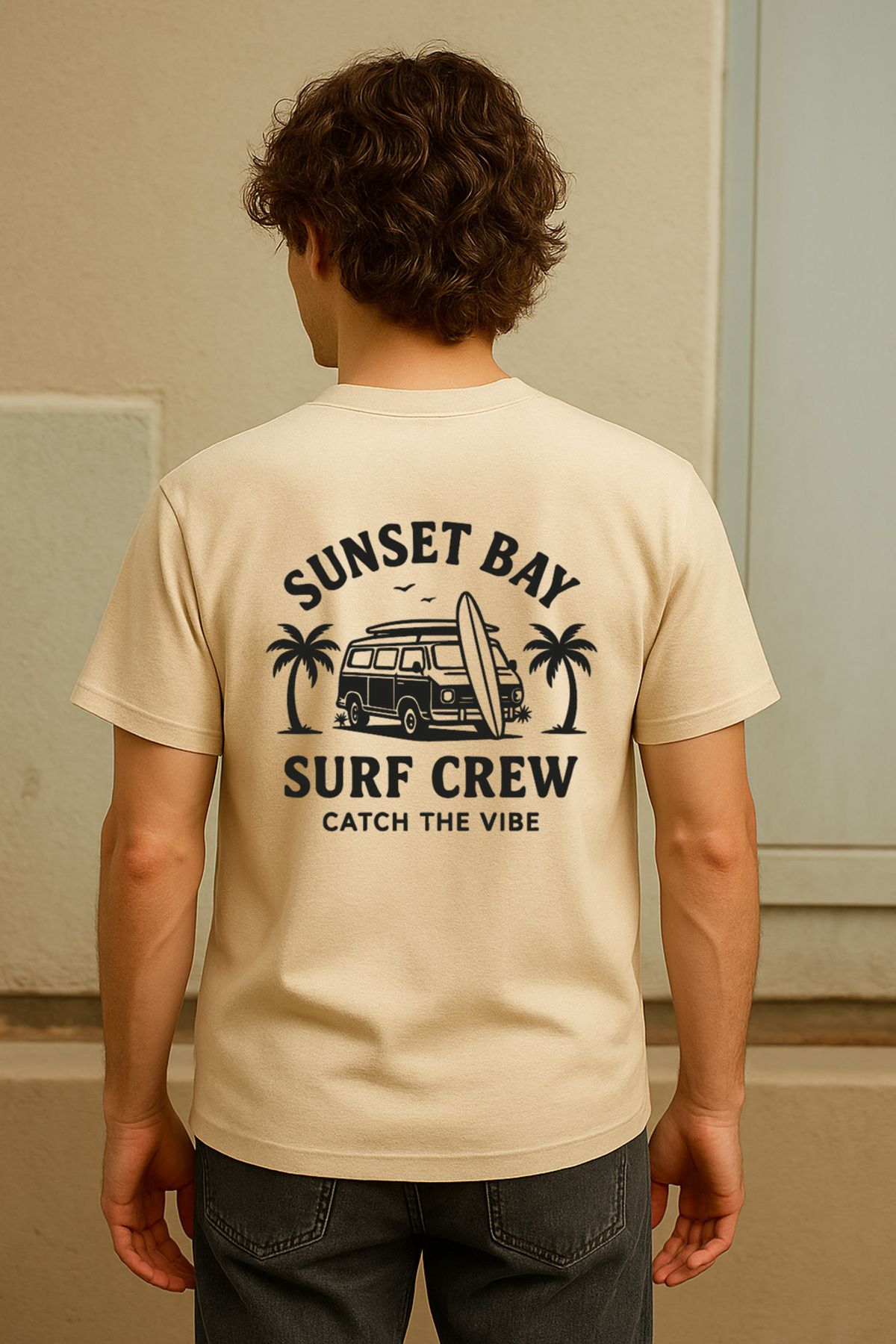 BLUGRIN Unisex Surf Crew Baskılı T-Shirt | Krem