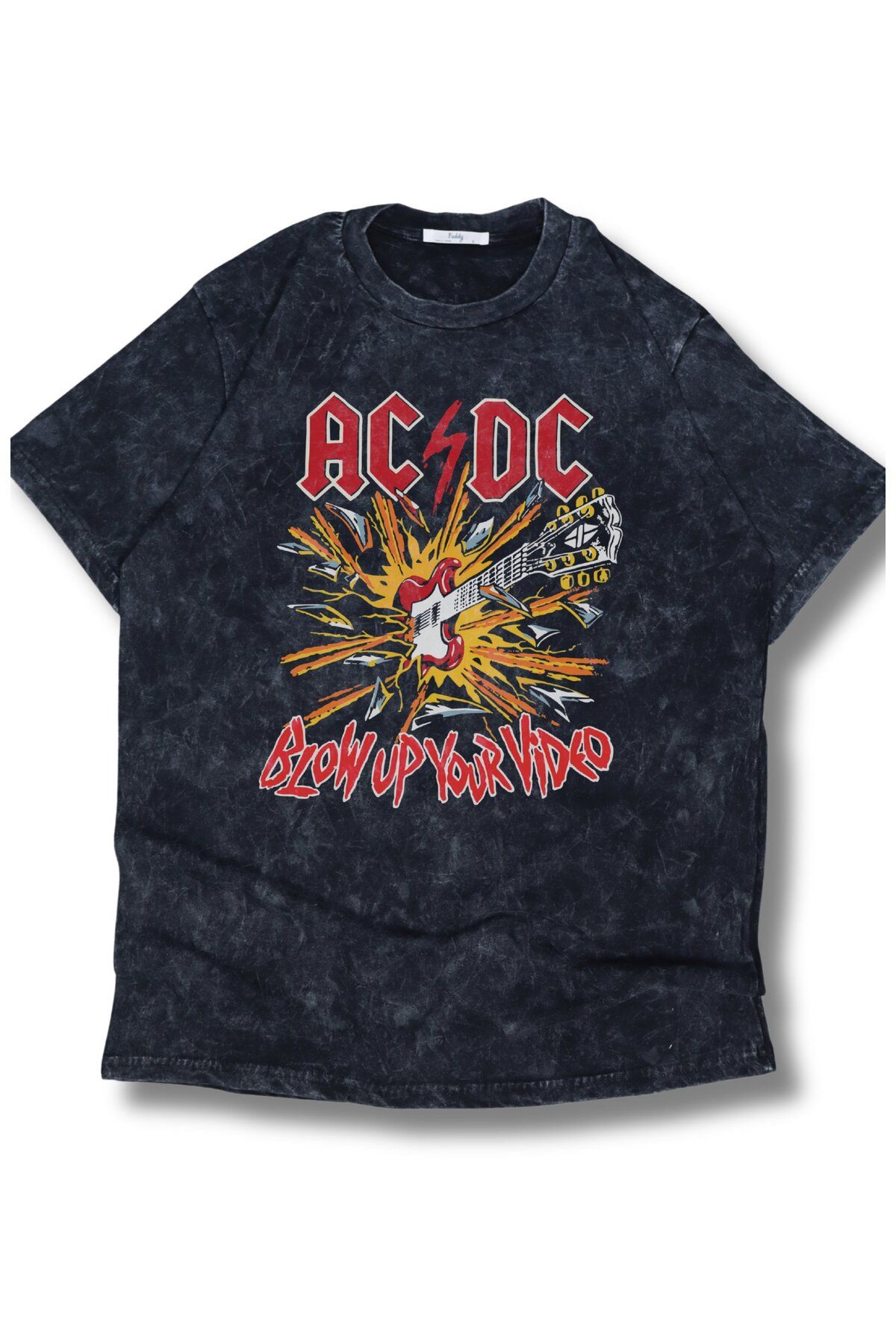 Fuddy Moda Oversize AC DC Blow Up Your Video Baskılı Yıkamalı T-Shirt, Unisex Rock Band Temalı Vintage Tişört
