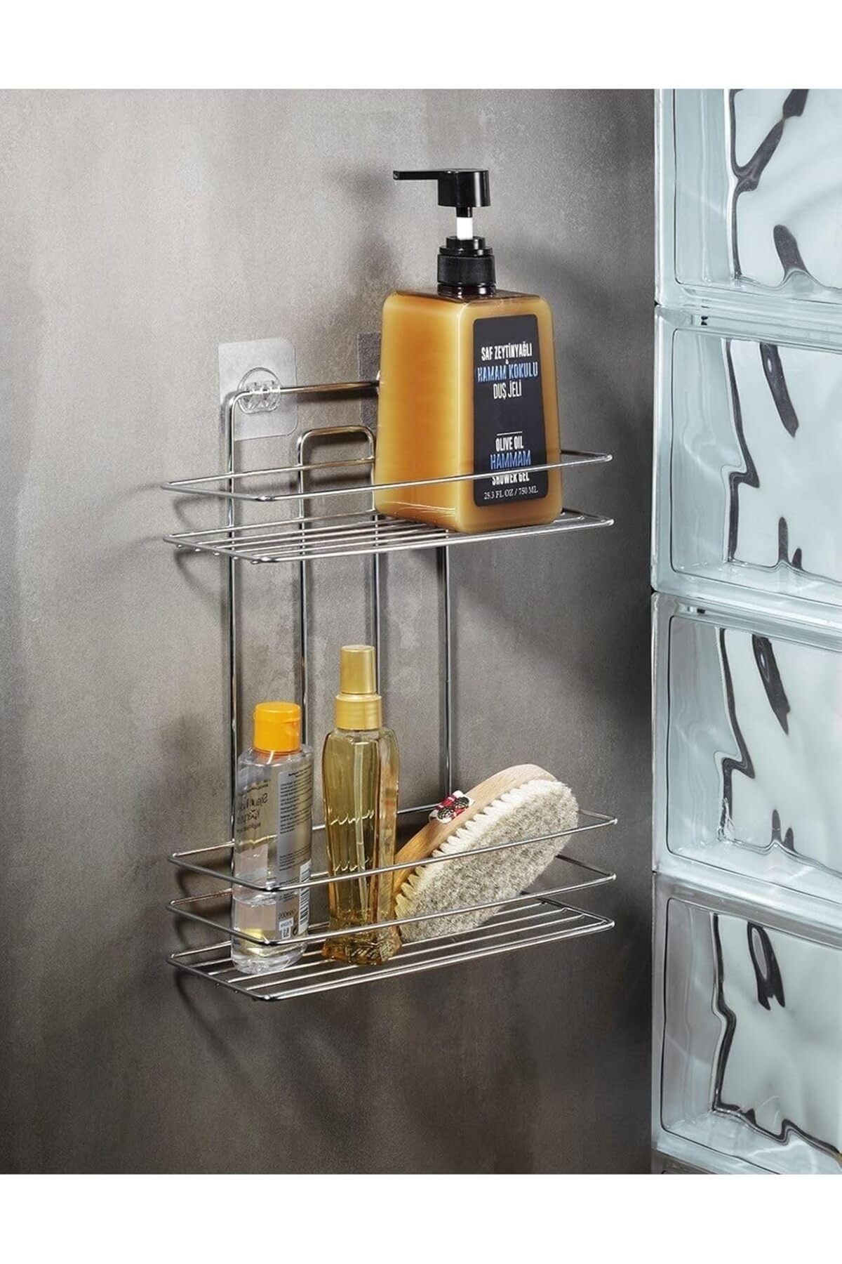 salesalbutik Haus Paslanmaz Yapışkanlı 2 Katlı Banyo Şampuanlık Düzenleyici Delmeye Son Krom Tş-02