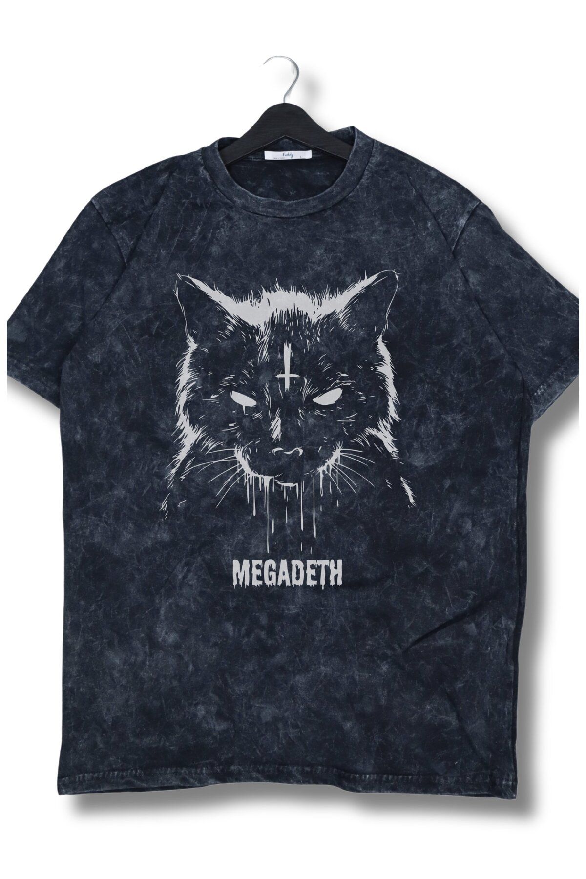 Fuddy Moda Oversize Cat Megadeth Baskılı Yıkamalı T-Shirt, Unisex Rock Band Temalı Retro Tişört