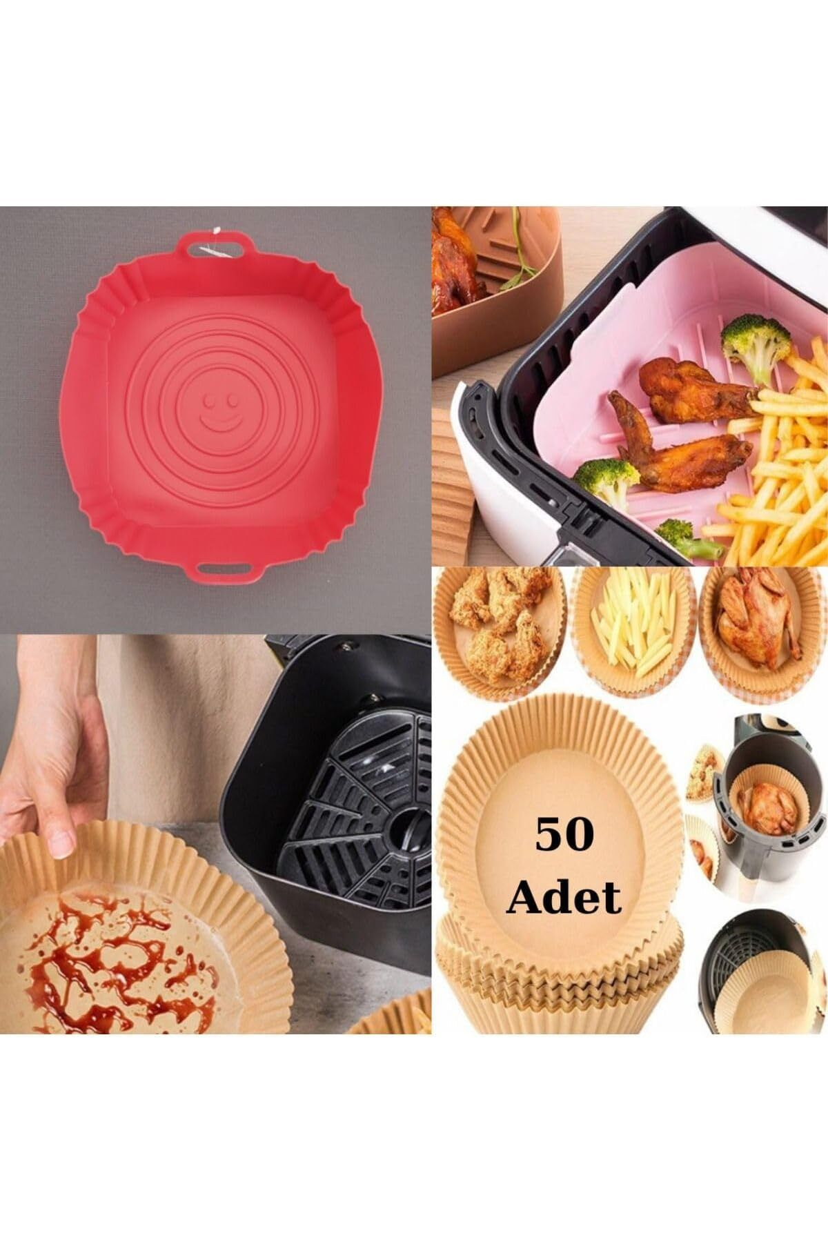 salesalbutik SİLİKON KARE PİŞİRME KABI KIRMIZI+50 ADET TEK KULLANIMLIK PİŞİRME KAĞIDI XL-XXL TABAK
