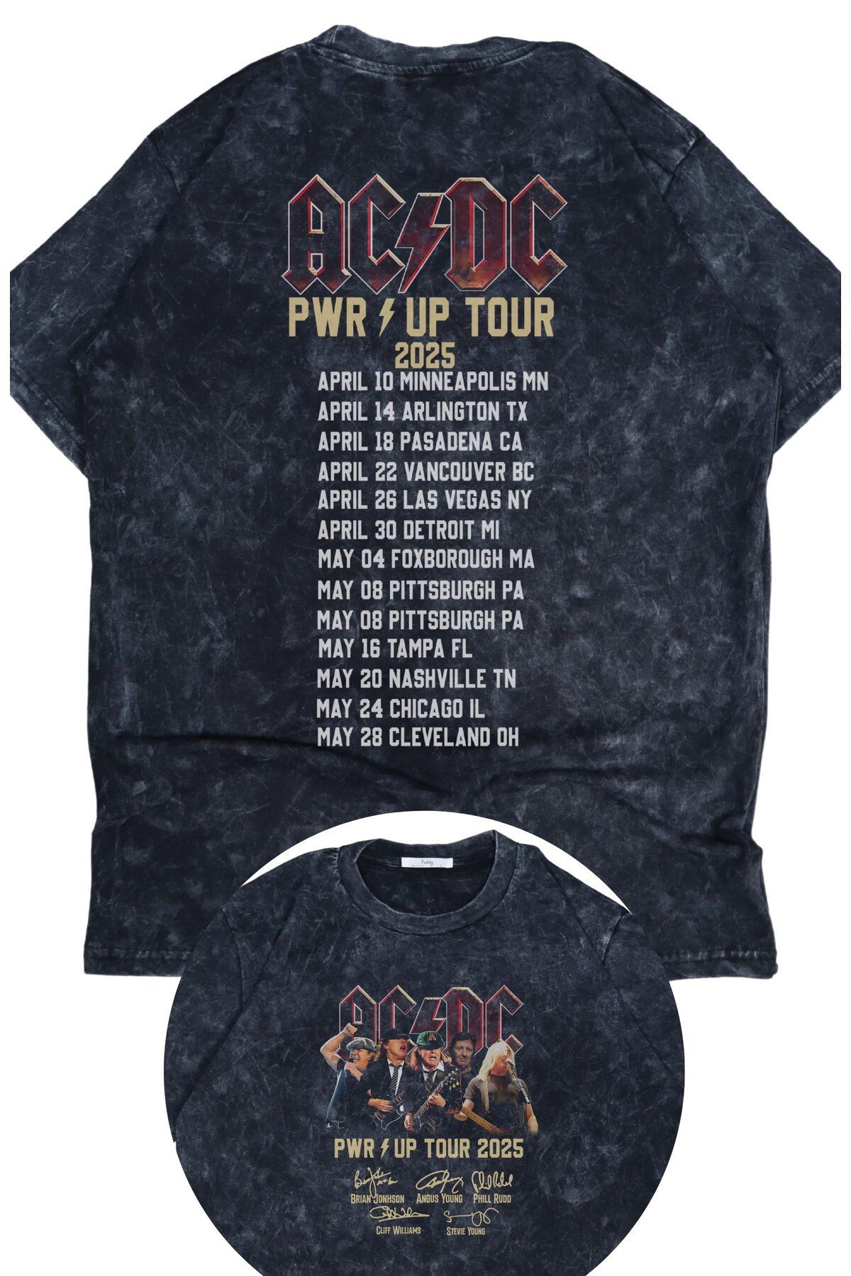 Fuddy Moda Unisex Oversize AC DC Pwr Up Tour 2025 Sırt Baskılı Yıkamalı Rock Band Retro T-Shirt