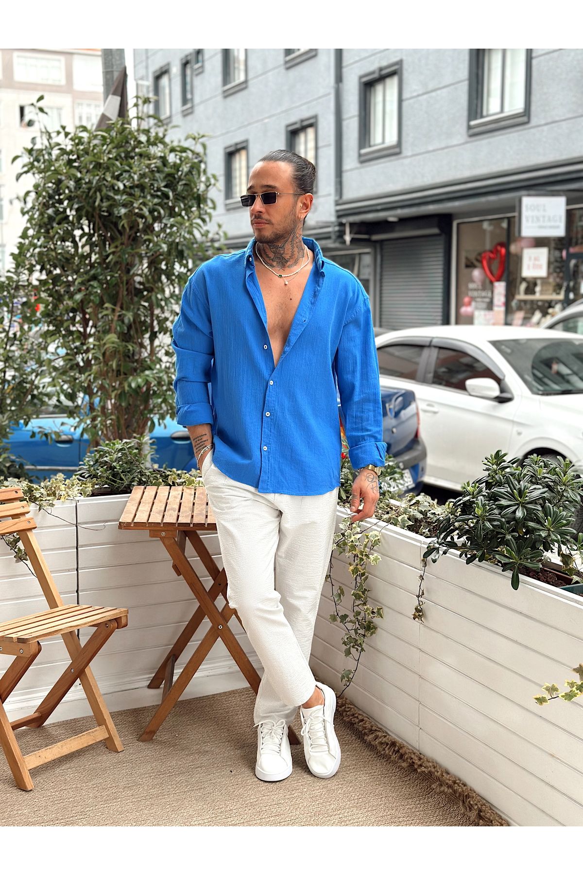 manch collection Oversize Krinkıl Keten Gömlek sax