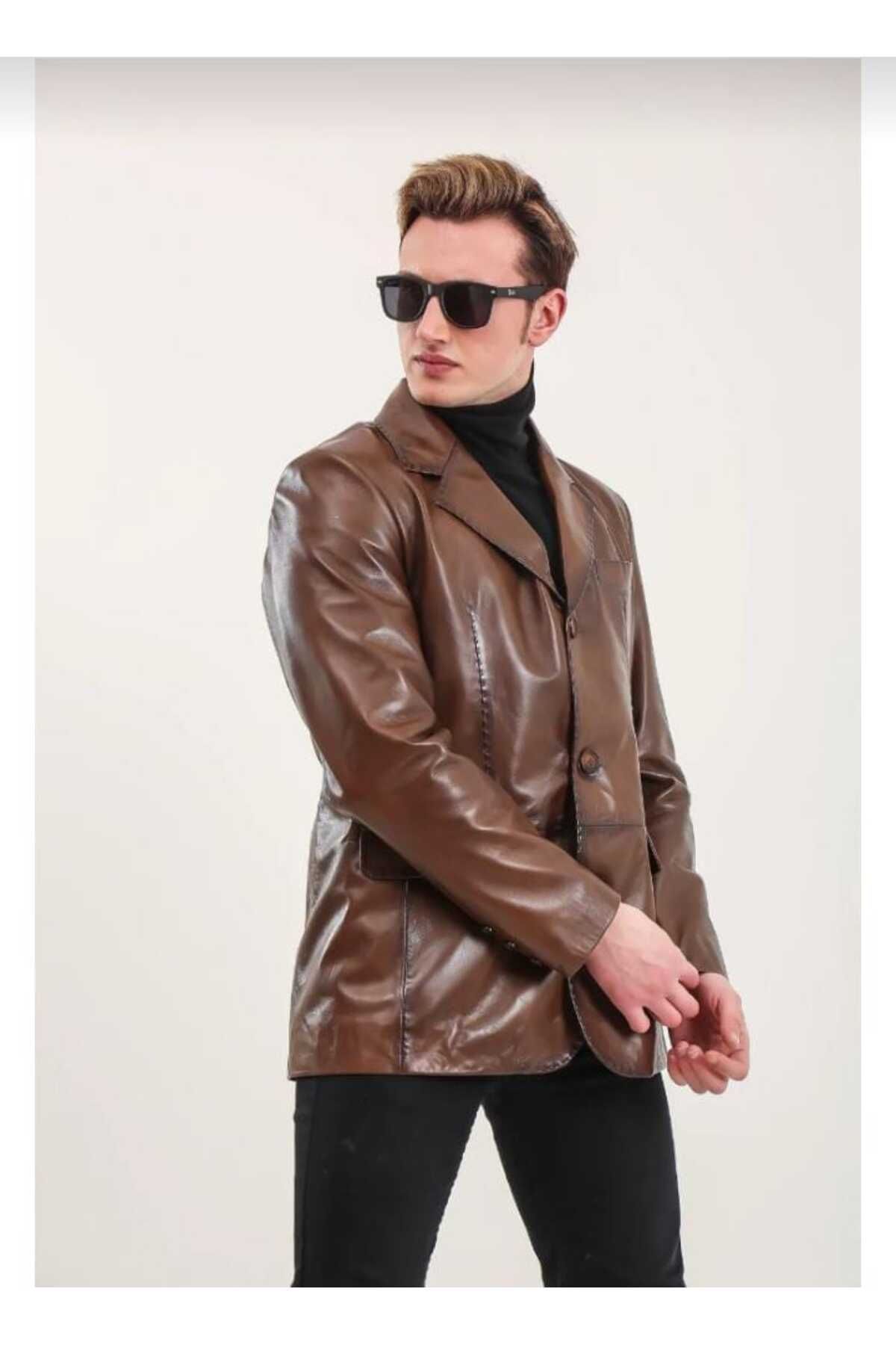 MİRENA LEATHER Erkek Taba Renk Hakiki Blazer Deri Ceket