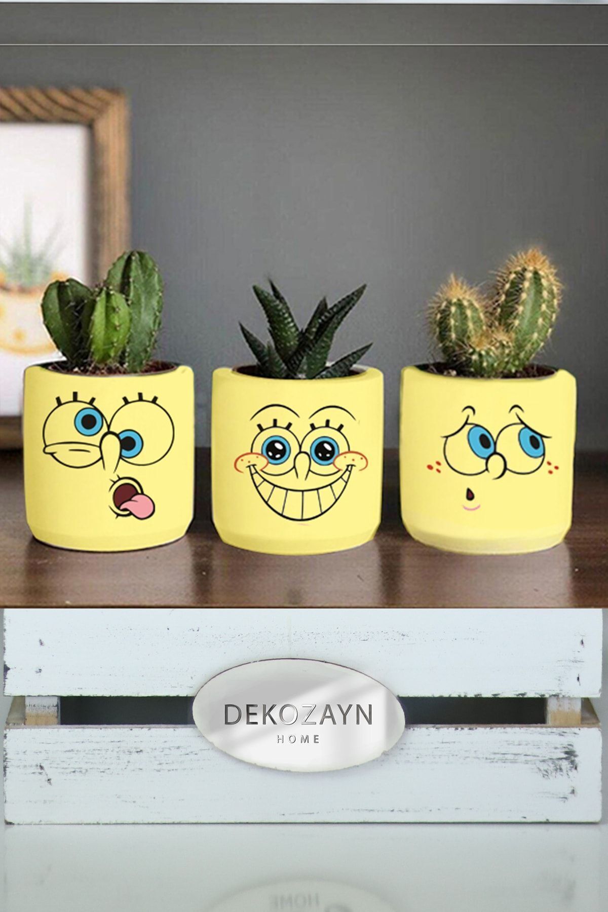 teknotrust Sevimli SpongeBob Desenli Üçlü Saksı Seti, Küçük Boy, Hediyelik, SARI