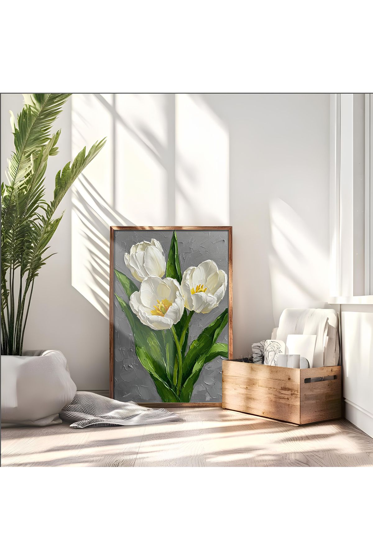 sames decoration Beyaz laleler dijital sanat - Yağlı boya görünümlü(Yağlı boya değildir) - Tekli tablo