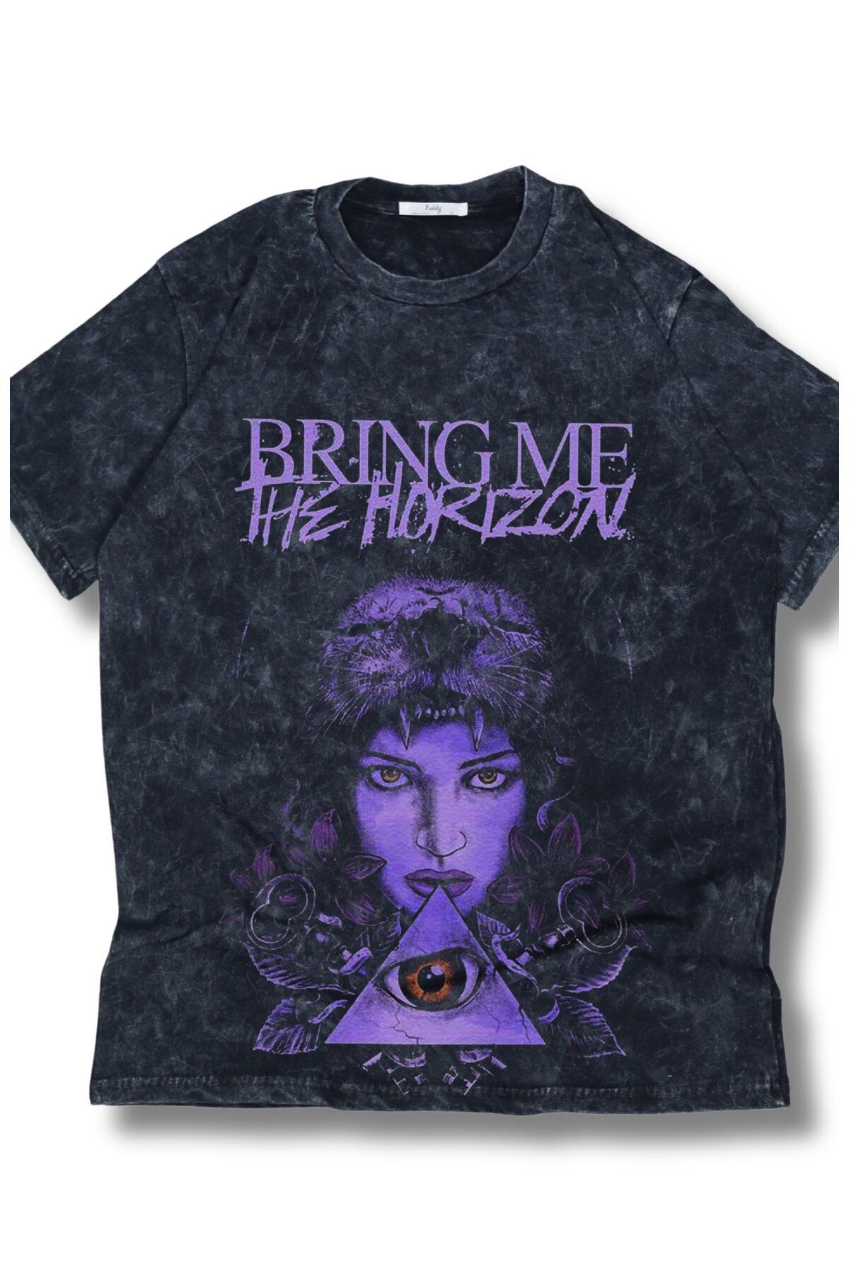 Fuddy Moda Oversize Purple Bring Me The Horizon Baskılı Yıkamalı T-Shirt, Unisex Rock Band Temalı Tişört
