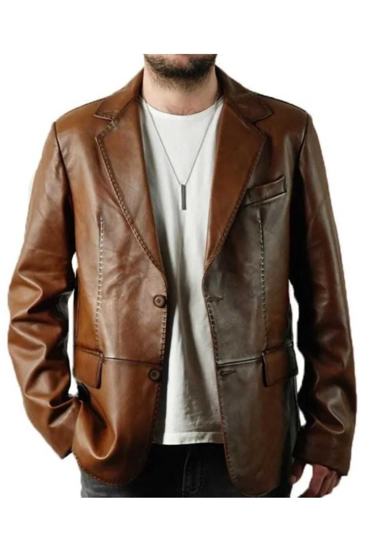 MİRENA LEATHER Erkek Taba Renk Hakiki Blazer Deri Ceket