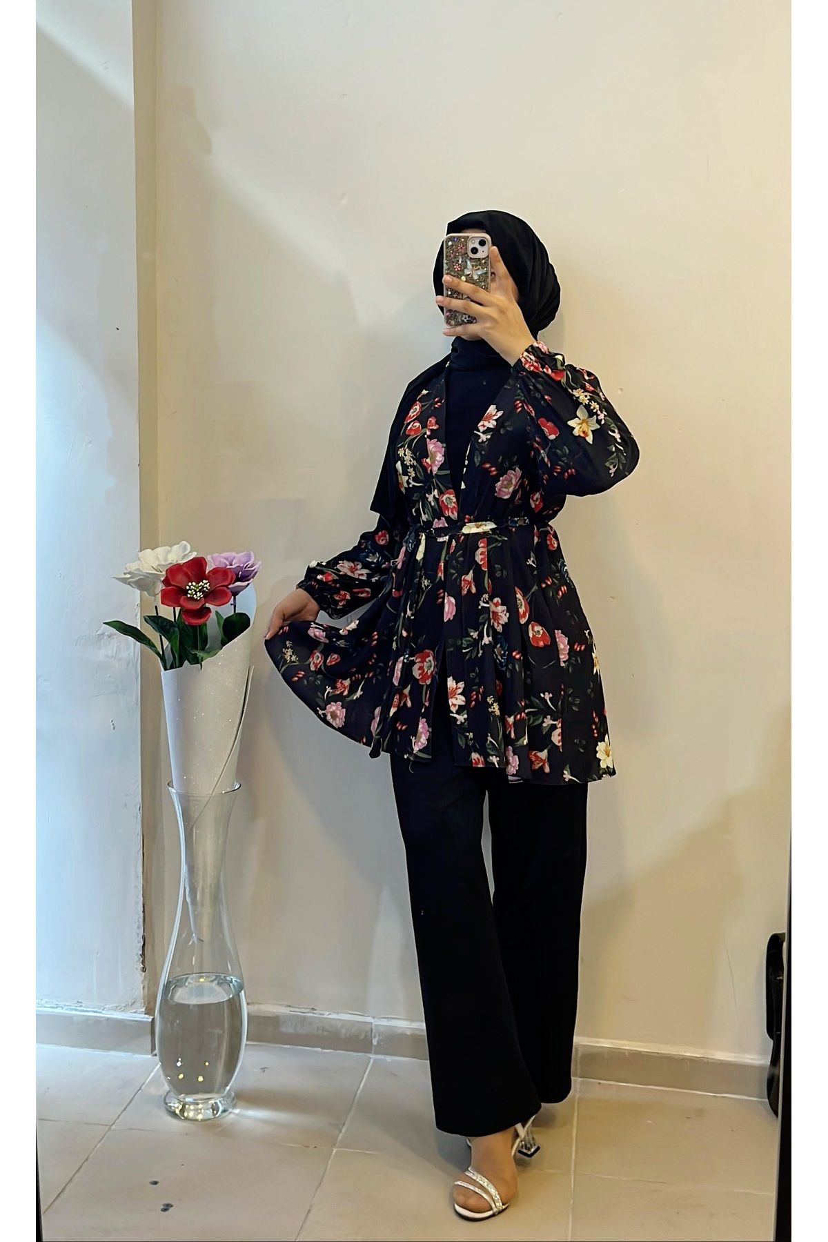 DİLEKBUTİK Siyah çiçekli yazlik kimono