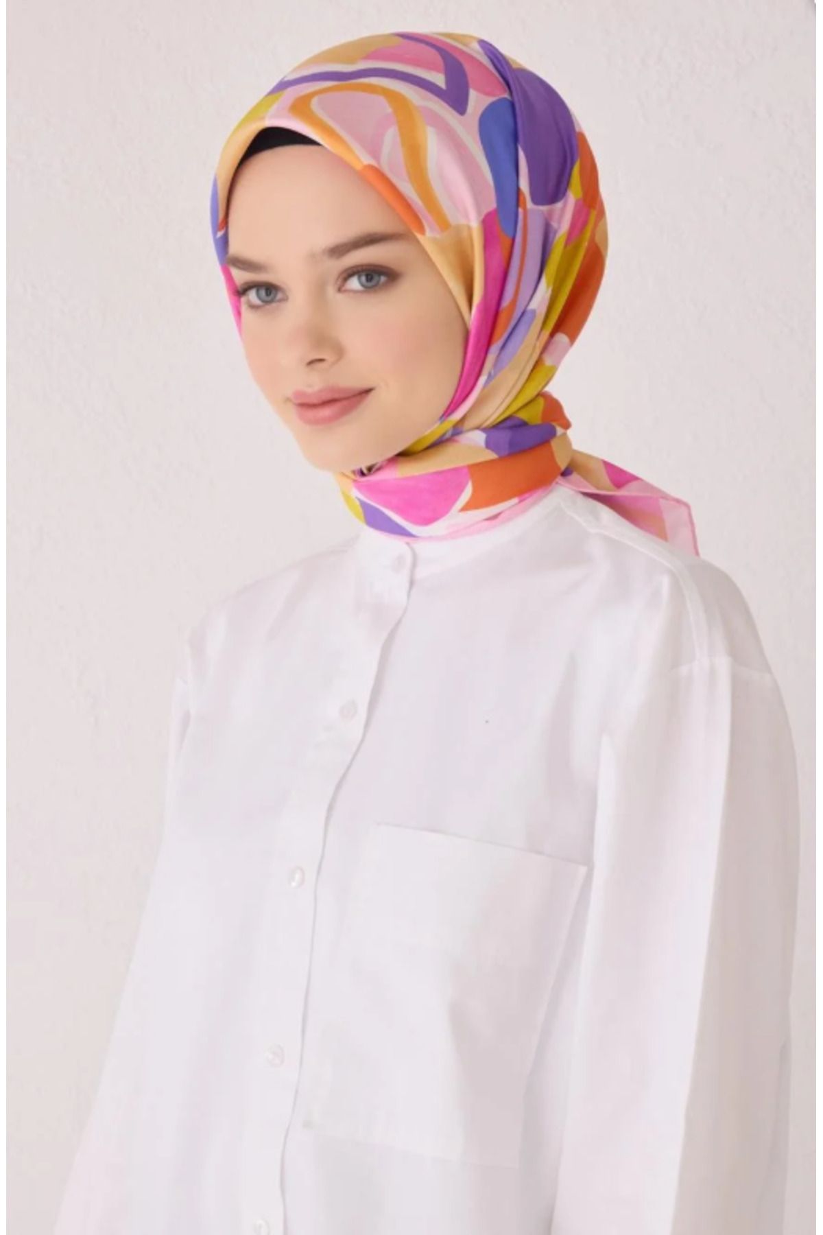 Belli Tivil İpek Eşarp 4054-02 Pembe Karışık Desen