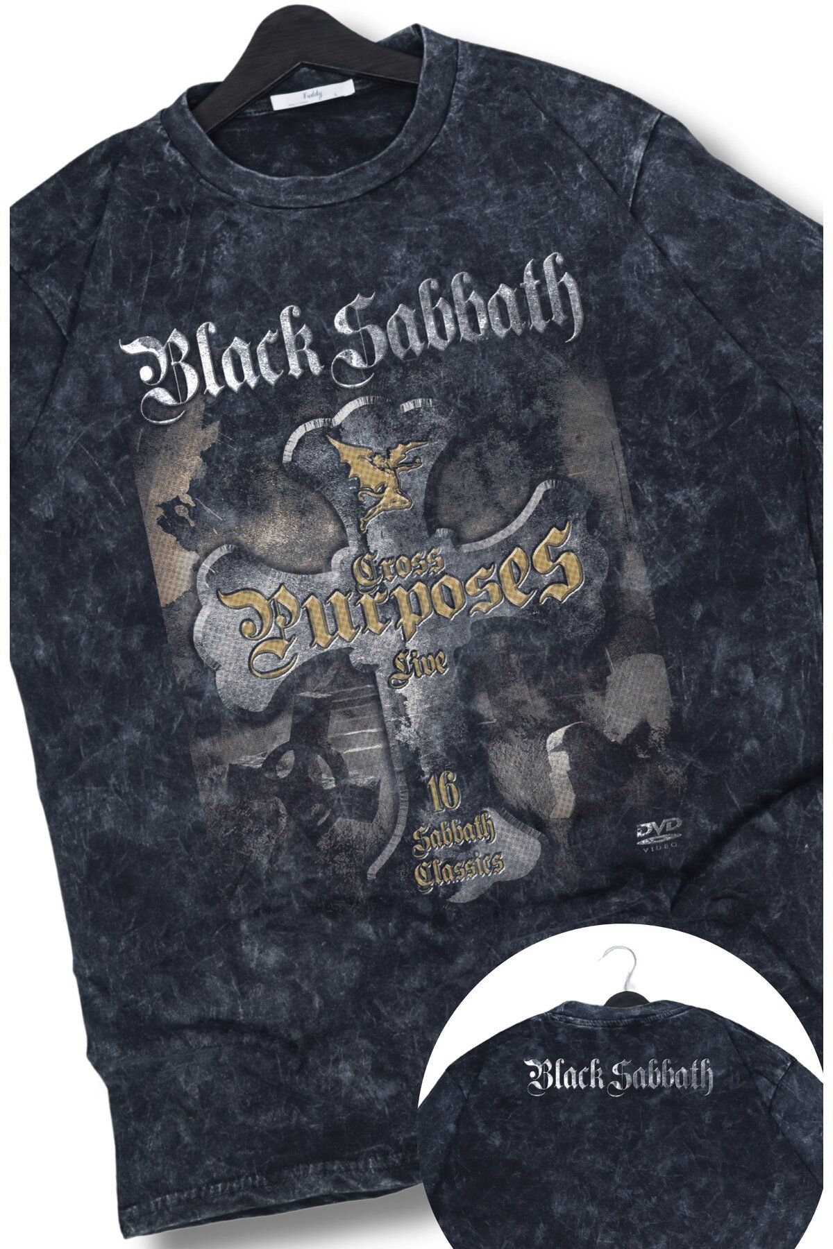 Fuddy Moda Oversize Black Sabbath Ense Baskılı Yıkamalı T-Shirt, Unisex Rock Band Temalı Retro Tişört