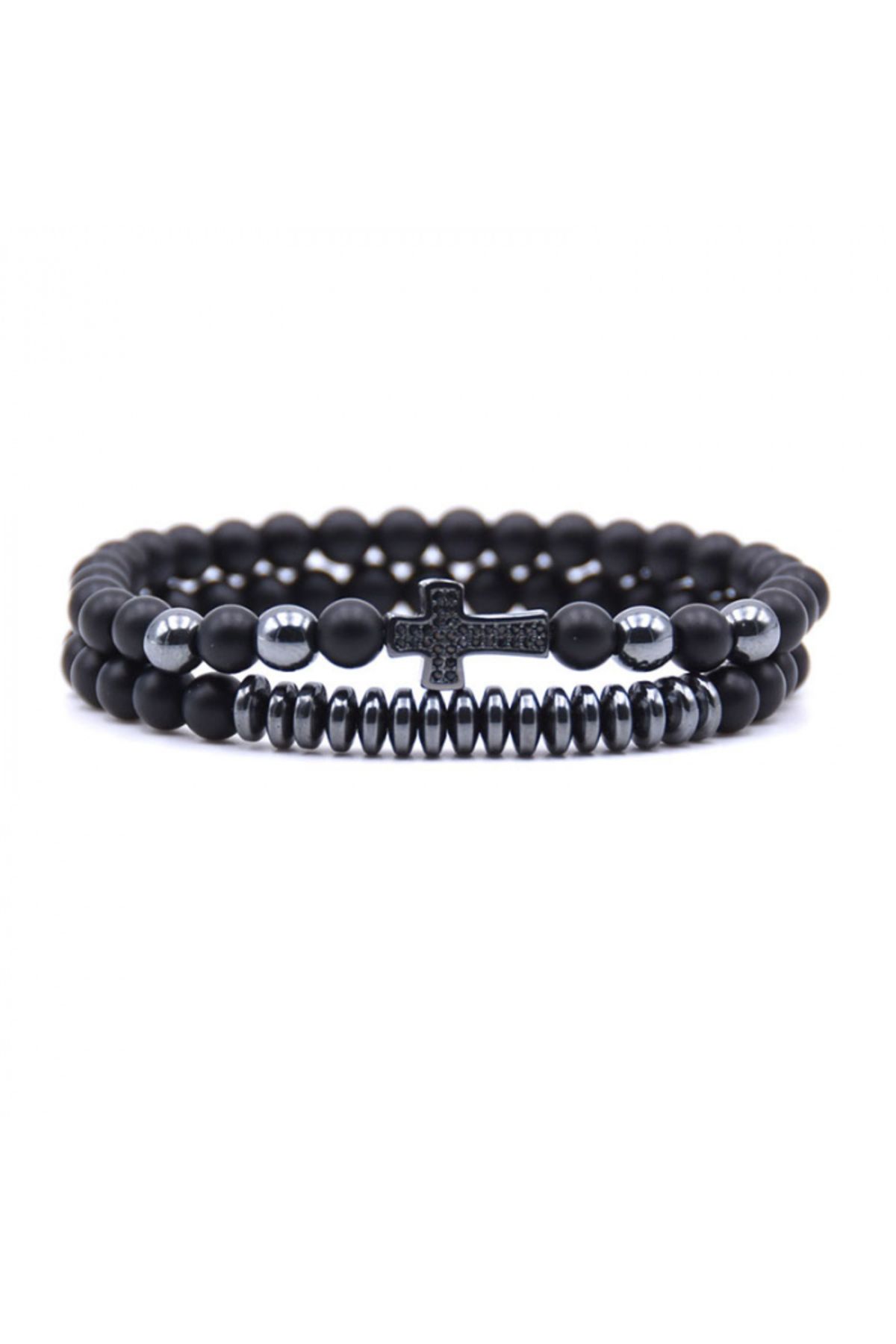 Tessero-Set of two elastic bracelets made of natural stone, matte onyx, cross pattern plated with zircon stones 1