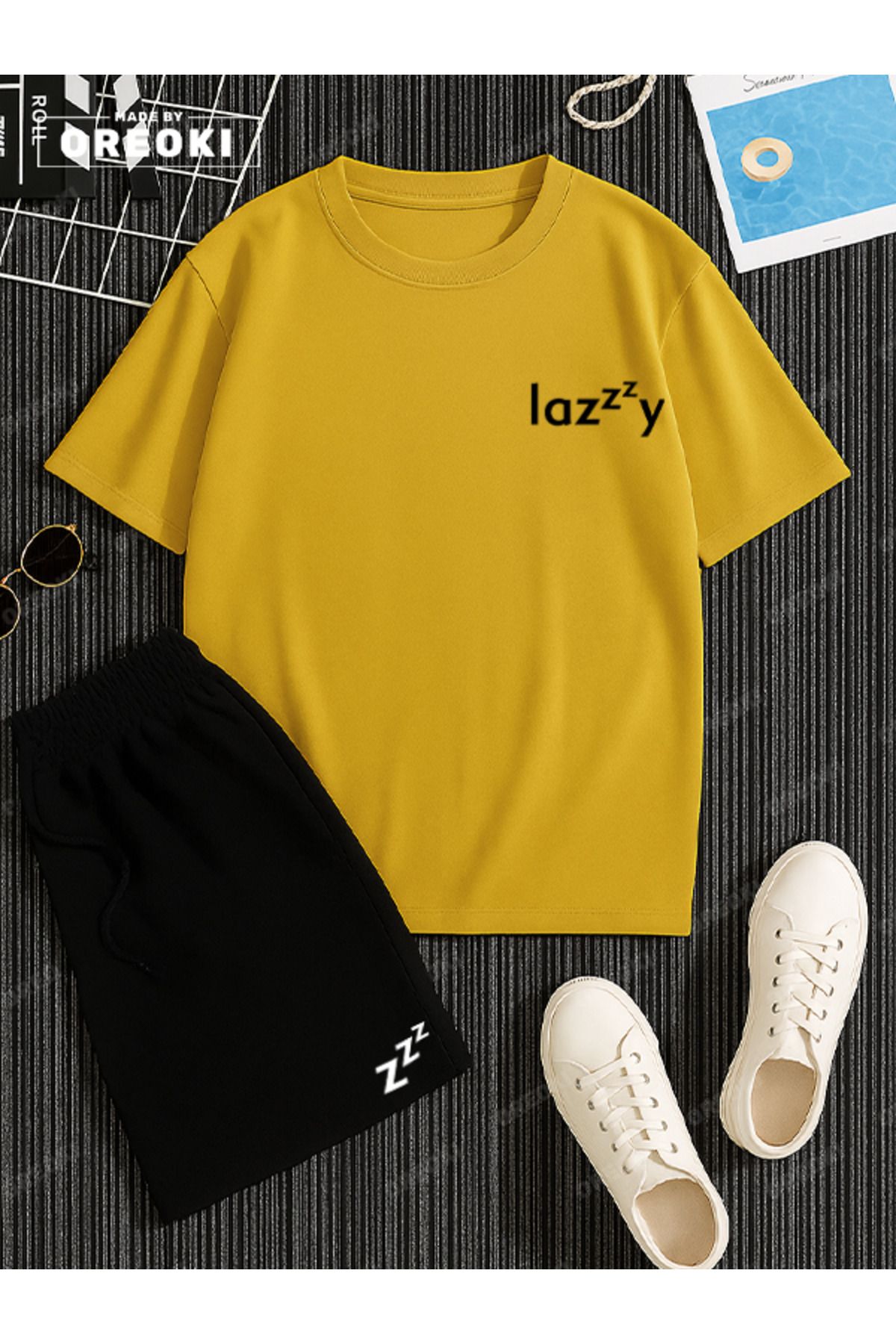 EFFRENATU Lazzzy Baskılı Pamuklu Unisex Sarı Tişört-Siyah Şort Takım