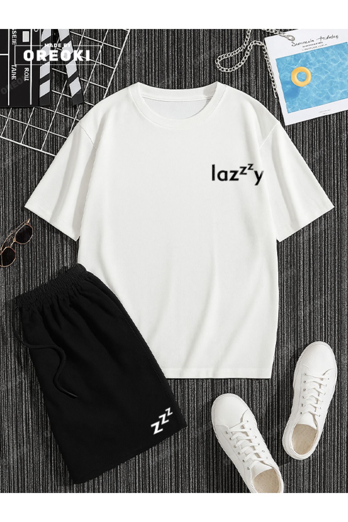 EFFRENATU Lazzzy Baskılı Pamuklu Unisex Beyaz Tişört-Siyah Şort Takım
