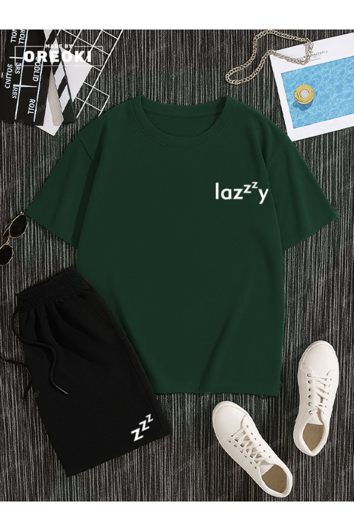 EFFRENATU Lazzzy Baskılı Pamuklu Unisex Yeşil Orman Tişört-Siyah Şort Takım