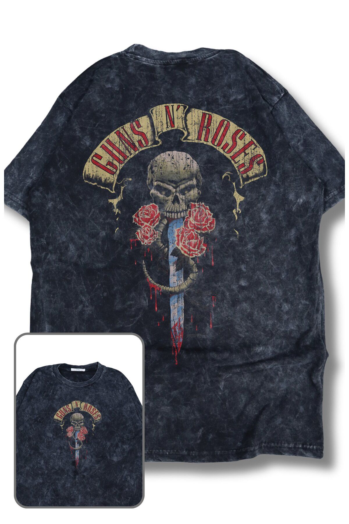 Fuddy Moda Oversize Skull Knight Guns N' Roses Sırt Baskılı Yıkamalı T-Shirt, Unisex Rock Band Temalı Tişört