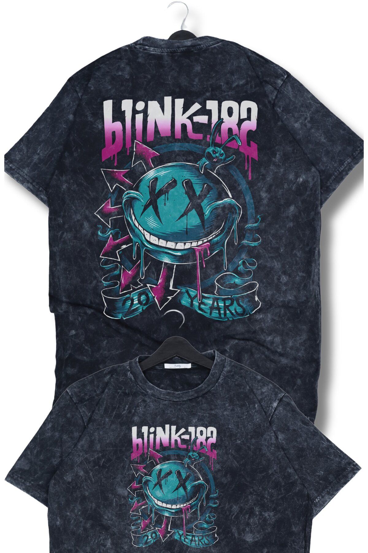 Fuddy Moda Oversize Blink-182 20 Years Sırt Baskılı Yıkamalı T-Shirt, Unisex Rock Band Temalı Retro Tişört
