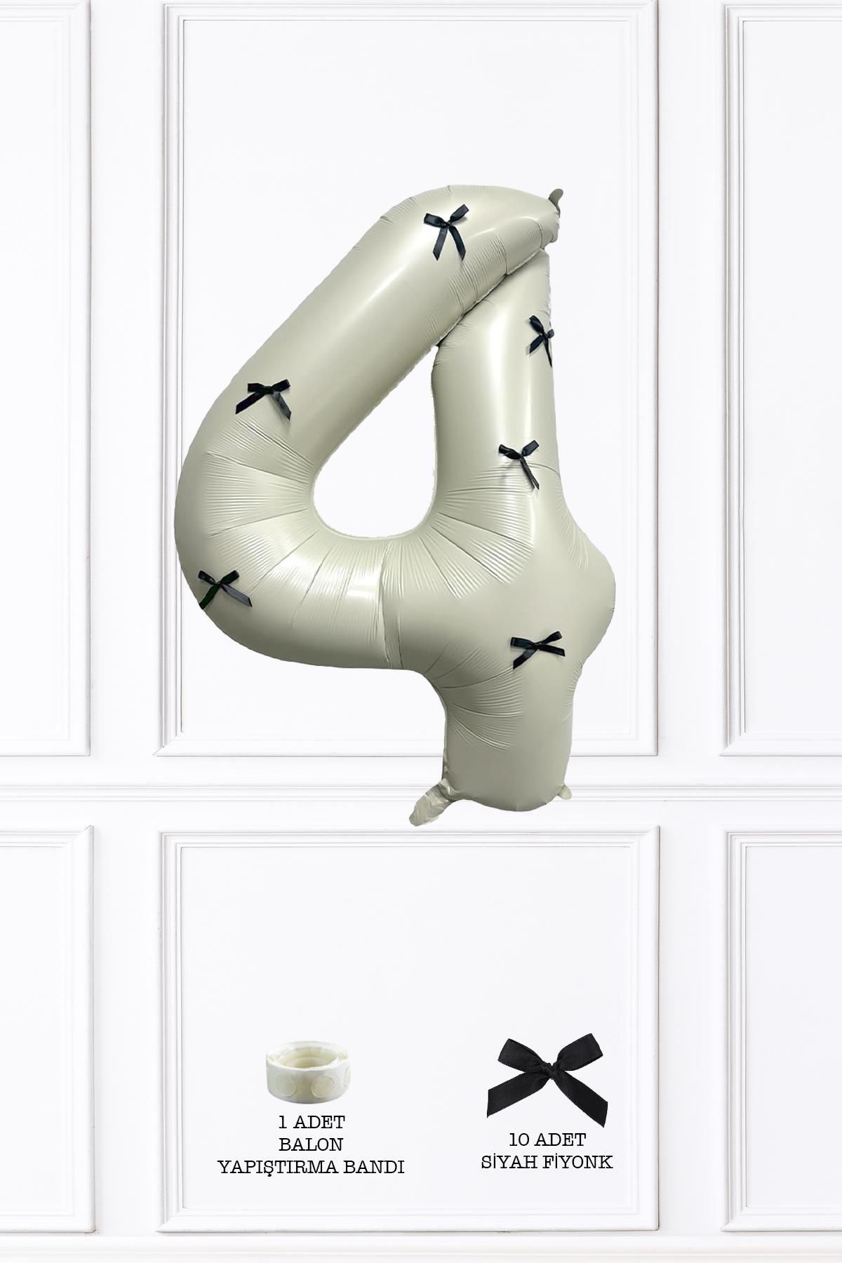 PEKSHOP 4 Yaş Siyah Fiyonklu Retro Krem Rakam Balon 80 Cm Siyah Kurdeleli