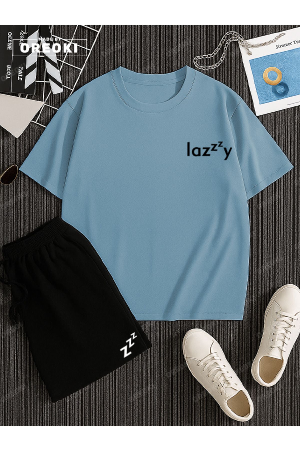 EFFRENATU Lazzzy Baskılı Pamuklu Unisex Açık Mavi Tişört-Siyah Şort Takım