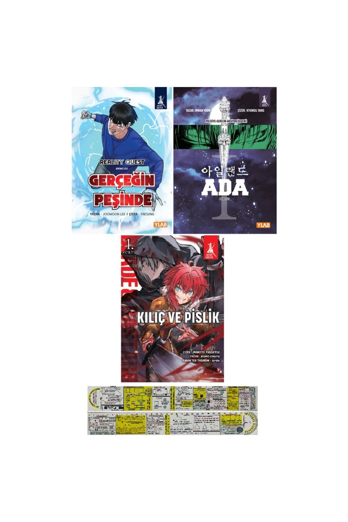 Artemis Yayınları Gerçeğin Peşinde + Ada + Kılıç ve Pislik 3'lü Çizgi Roman & Manga Seti + Mat. Öğreten Cetvel