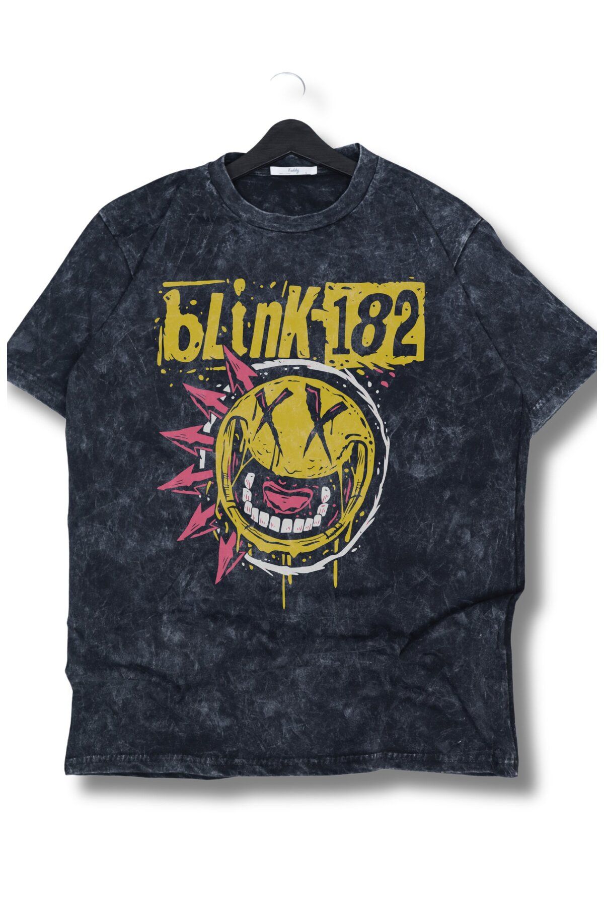 Fuddy Moda Oversize Yellow Blink-182 Baskılı Yıkamalı T-Shirt, Unisex Rock Band Temalı Vintage Tişört