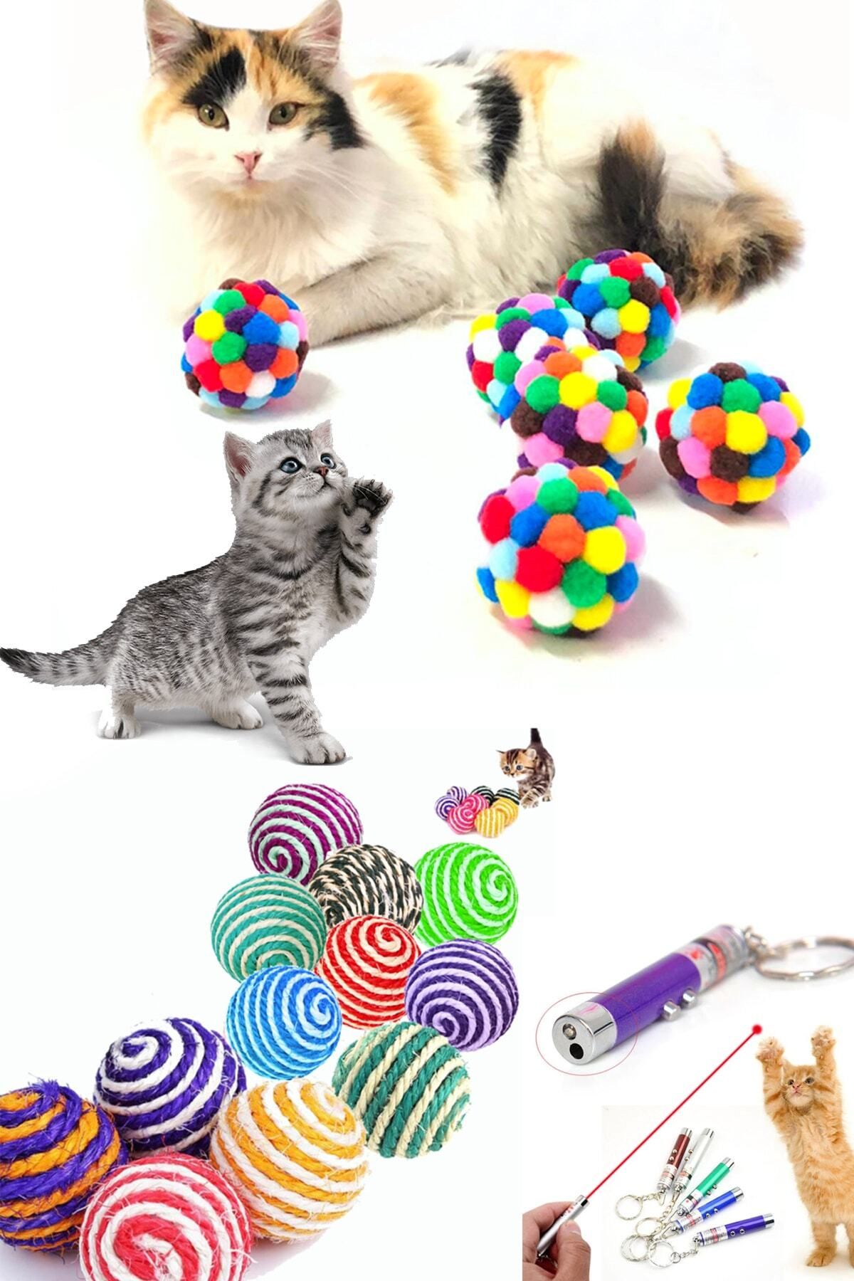 teknotrust Renkli İp Sarma Kedi Topu 4 cm ve Ponponlu Lazer Oyuncak Seti