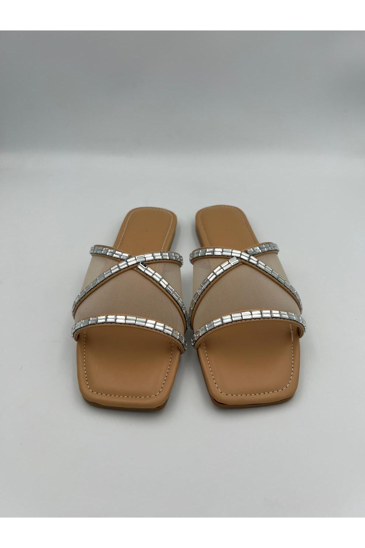 Ömer Ediz Shoes Taş Detaylı Kadın File Düz Terlik – Yazlık Rahat Sandalet - Ömer Ediz Shoes
