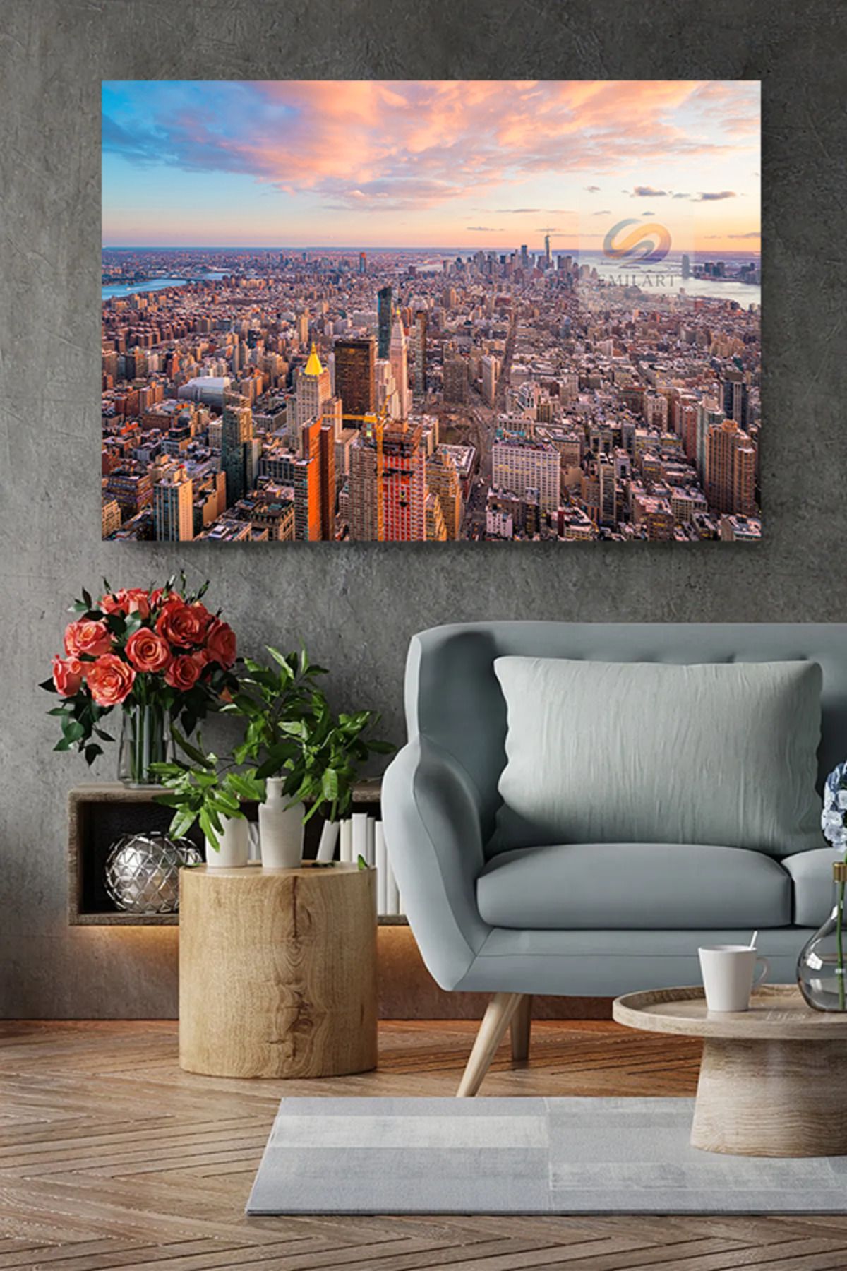 EMİLART Gün Batımı Şehir Manzarası NewYork City Kanvas Tablo Emlak Ofis Ev Özel Tasarım