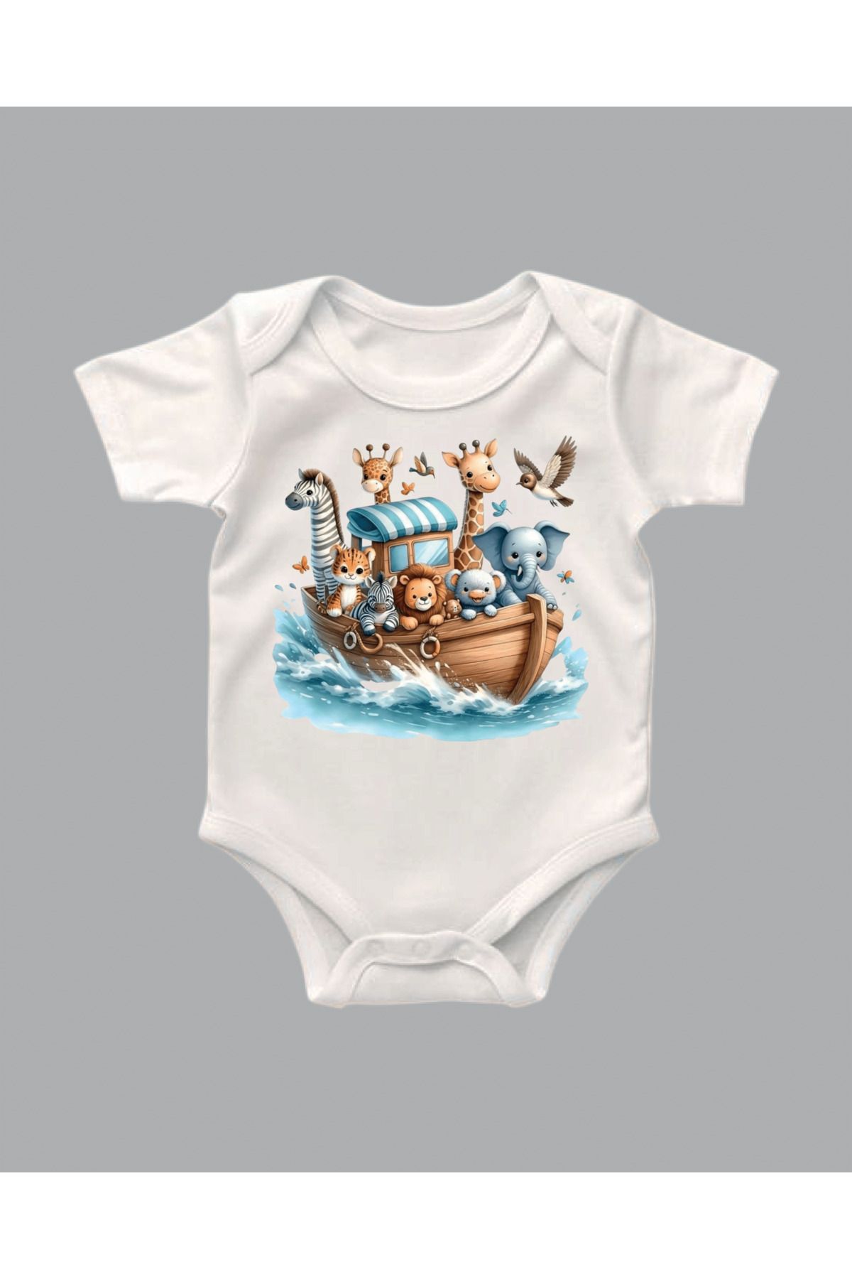 Bir adım baskı Unisex Pamuklu Kısa Kollu Beyaz Bebek Zıbını