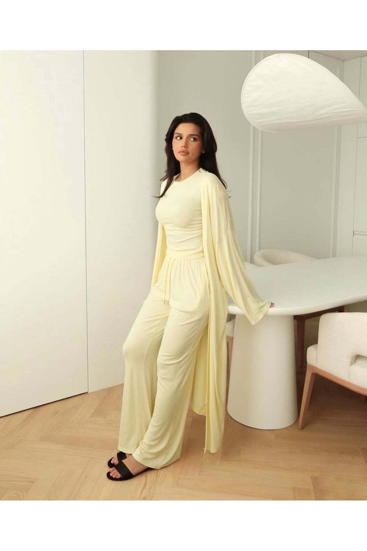 femmes fraiches Femmes Vita Yazlık Set ( Jogger T-shirt Midi Kimono )