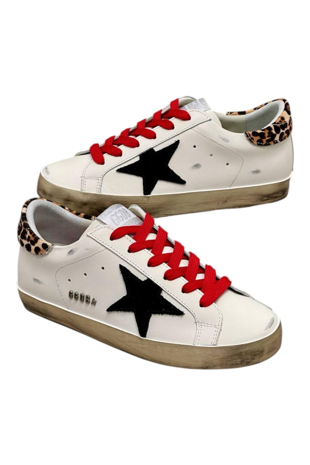 Globalux Gldn Goose Super-Star Sneakers With Leopard-Print Heel Tab And Red Laces - Kadın Ayakkabı