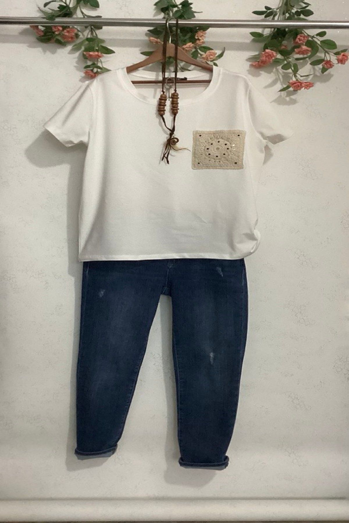 Wiges Kadın Bisiklet Yaka güpürlü Özel Tasarım T-shirt