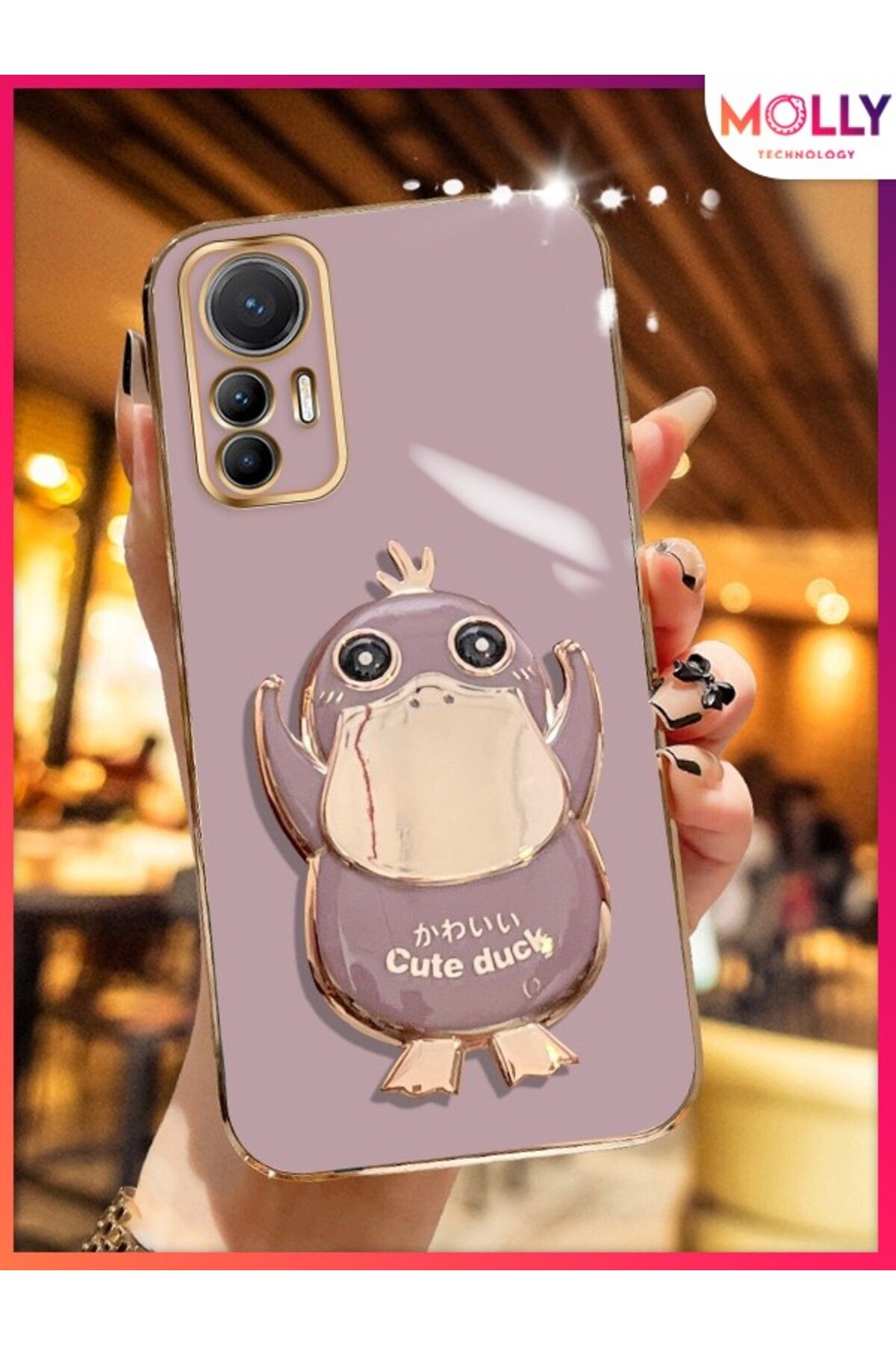 Molly Xiaomi Mi 12 LİTE İçin Lila Sevimli Ördek Standlı Kenarları Gold Detaylı Lüks Silikon Kılıf